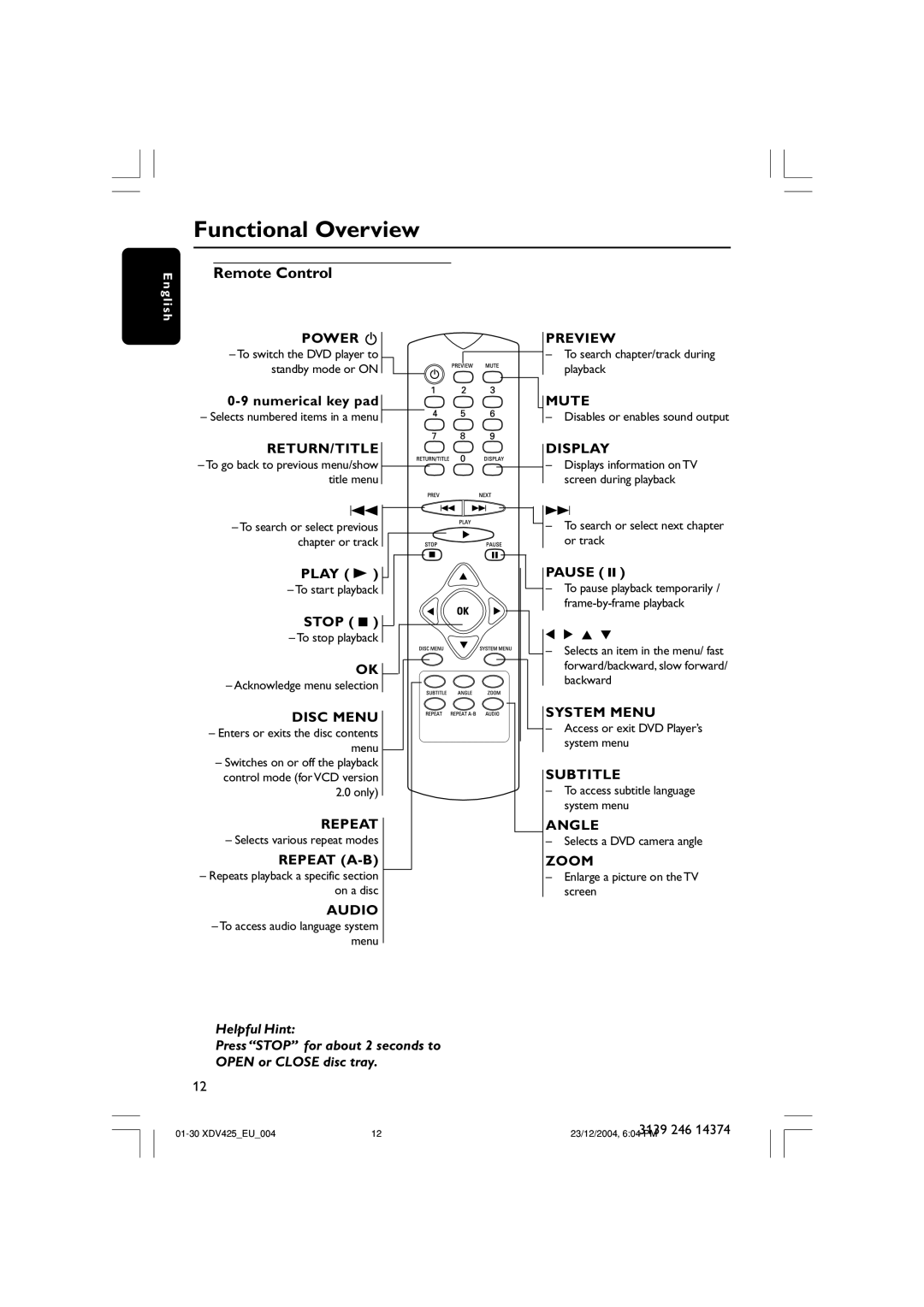 Philips 425 user manual Remote Control 