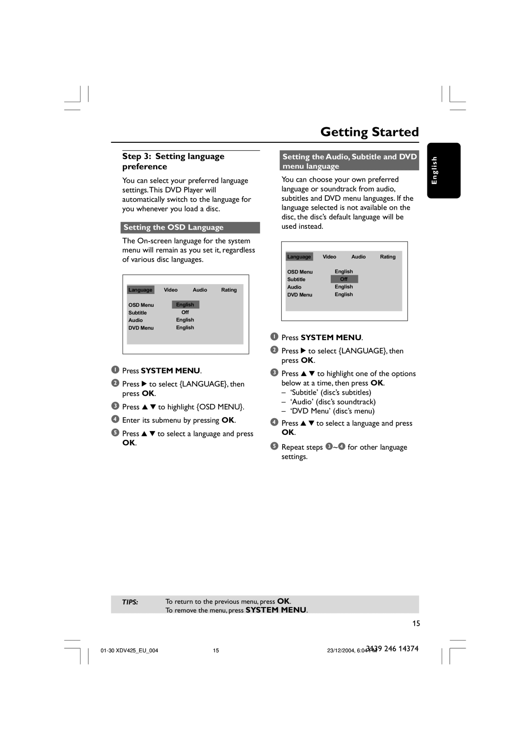 Philips 425 Setting language preference, Setting the OSD Language, Setting the Audio, Subtitle and DVD menu language 