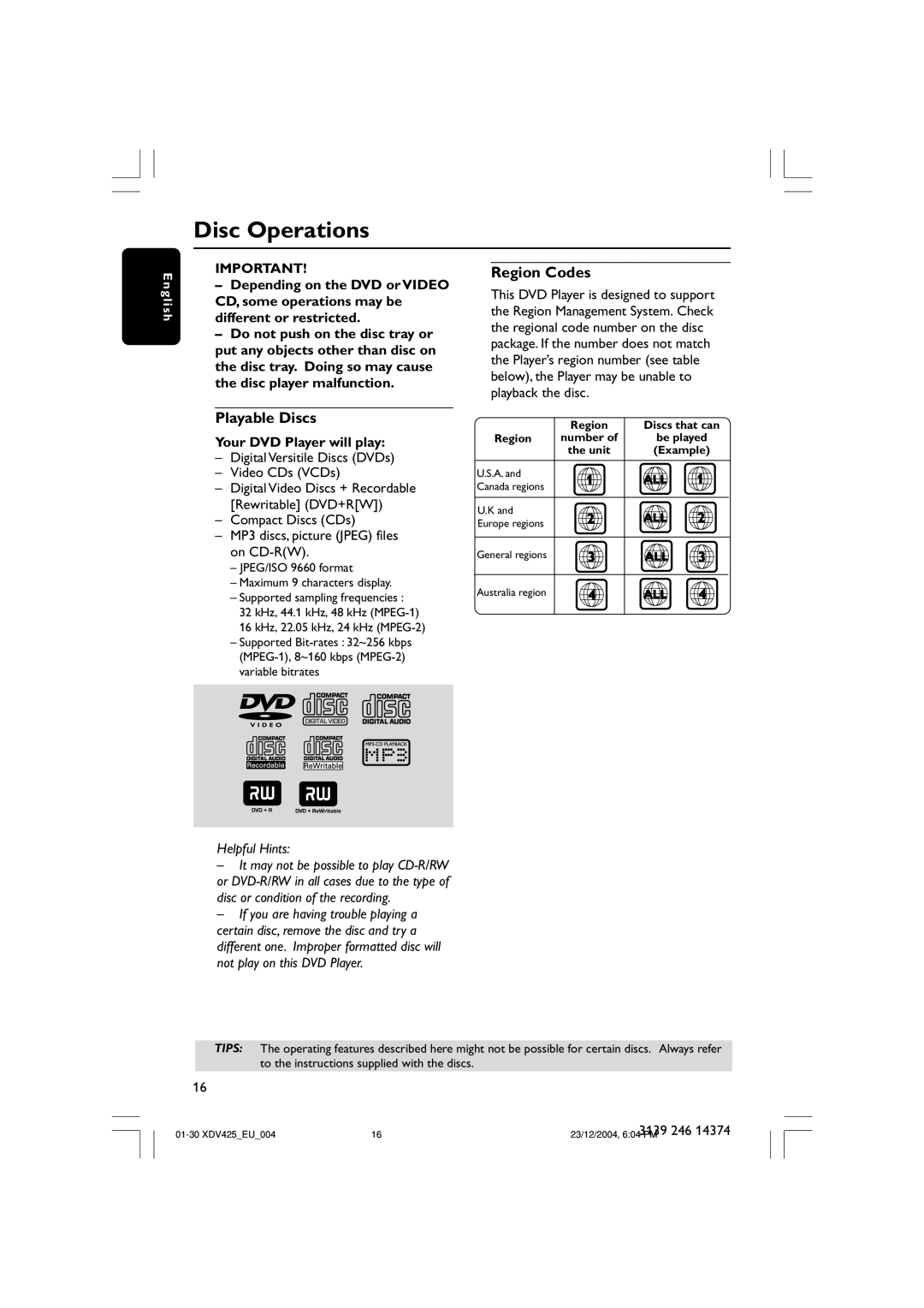 Philips 425 user manual Disc Operations, Playable Discs, Region Codes, Your DVD Player will play 