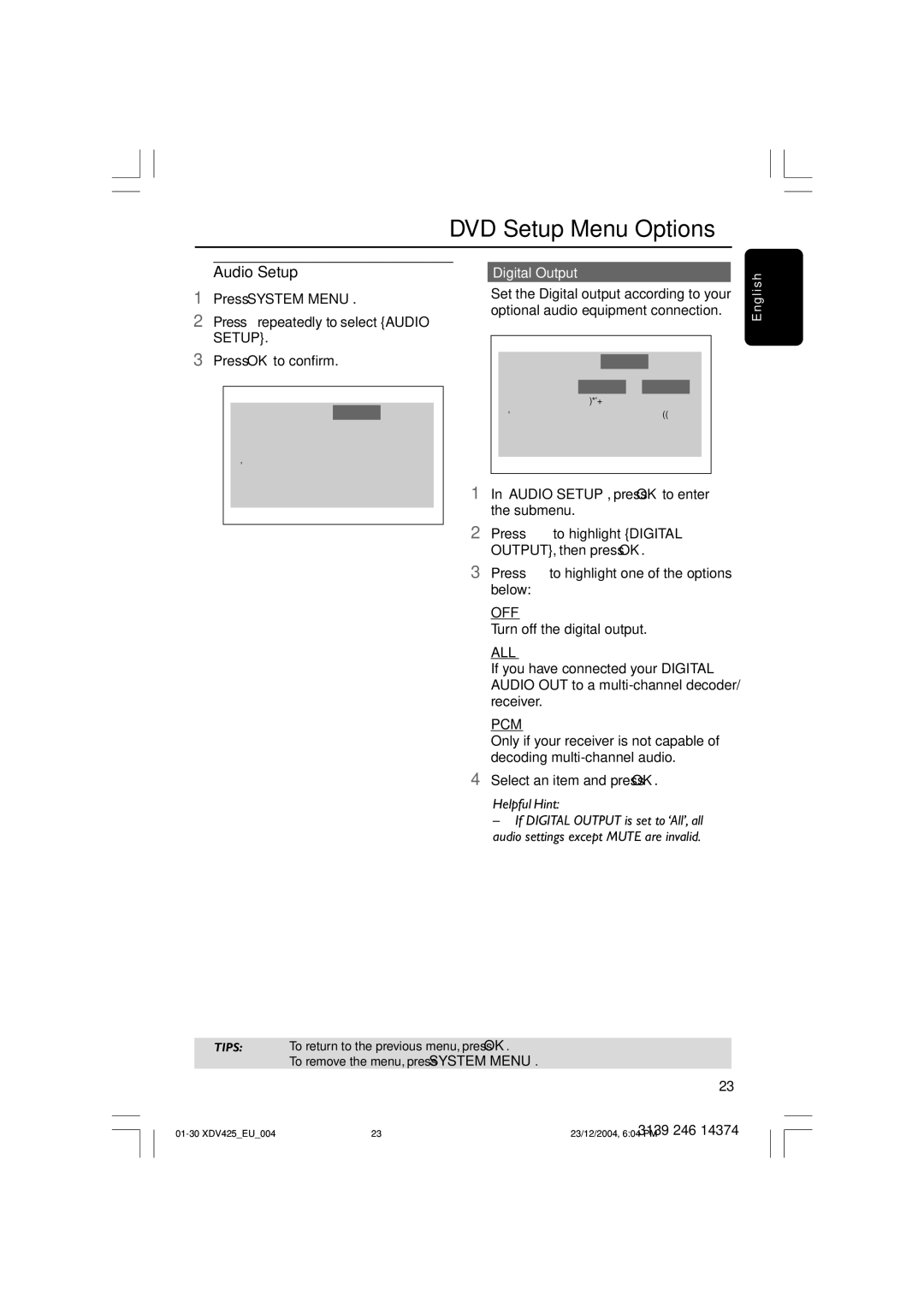 Philips 425 user manual Audio Setup, Digital Output, Off, All, Pcm 