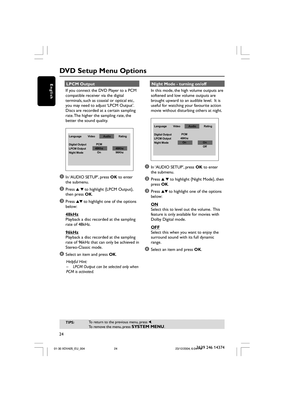 Philips 425 user manual Lpcm Output Night Mode turning on/off, 48kHz, 96kHz 