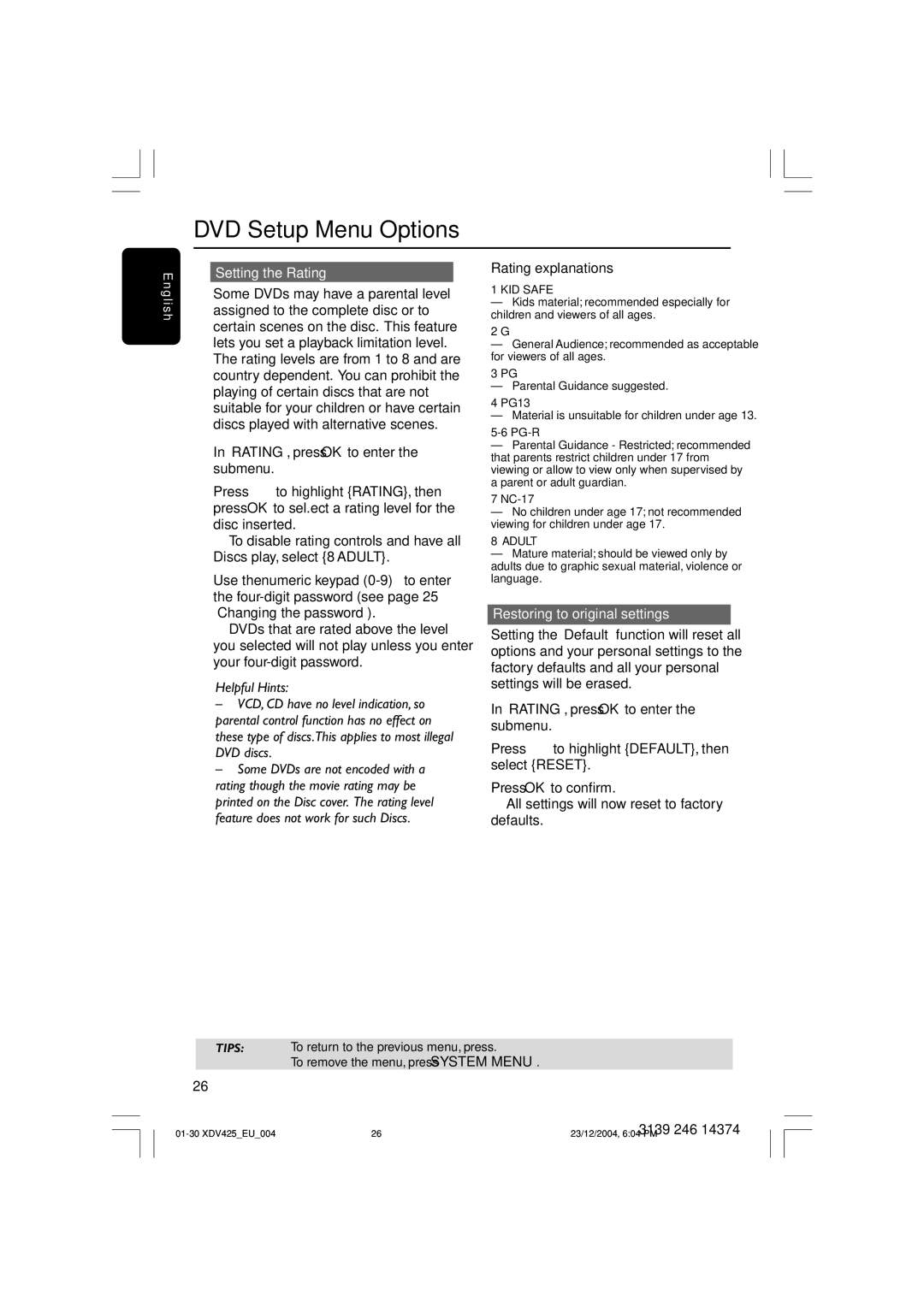 Philips 425 user manual Setting the Rating, Rating explanations, Restoring to original settings 