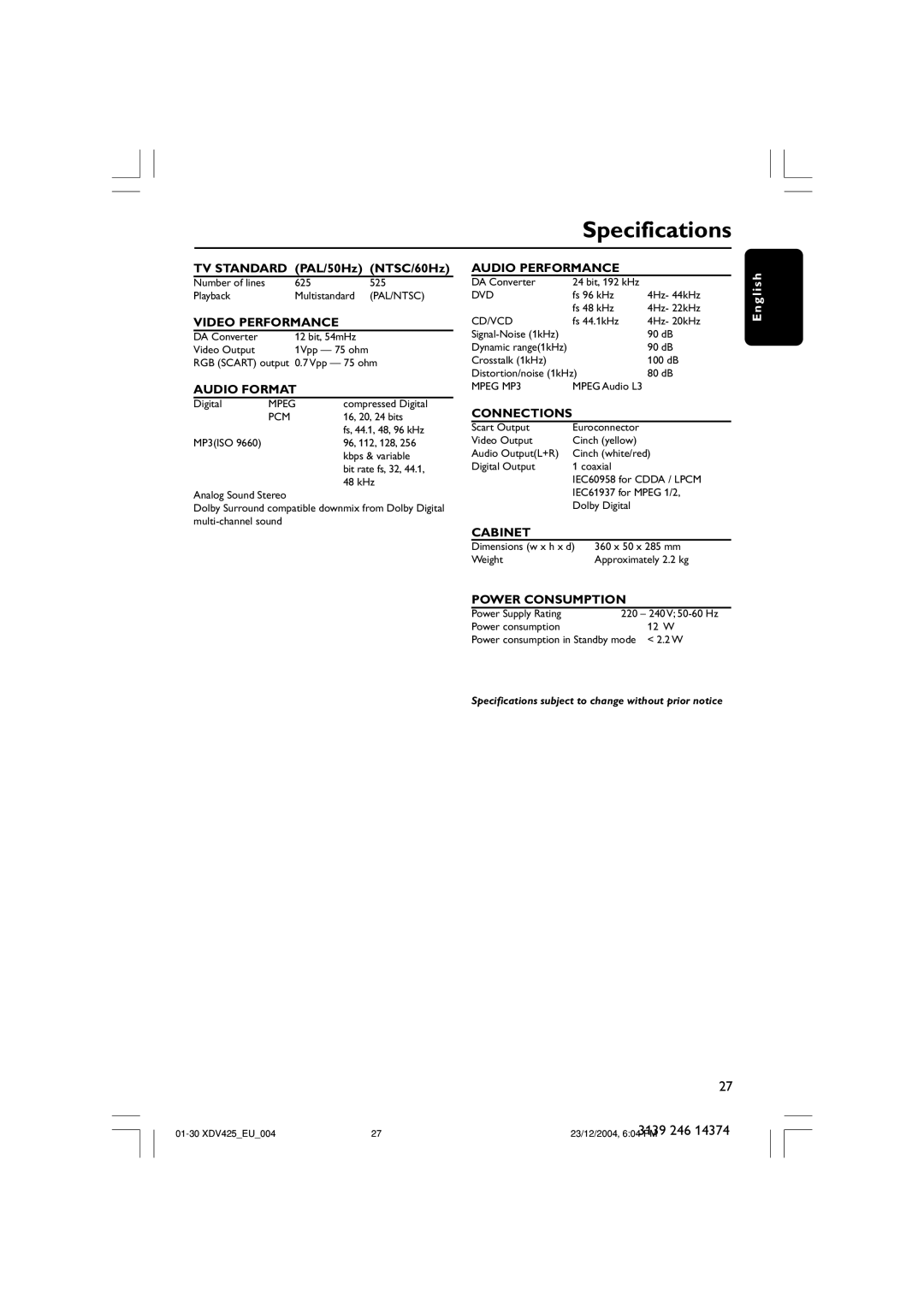 Philips 425 user manual Specifications, Audio Format 