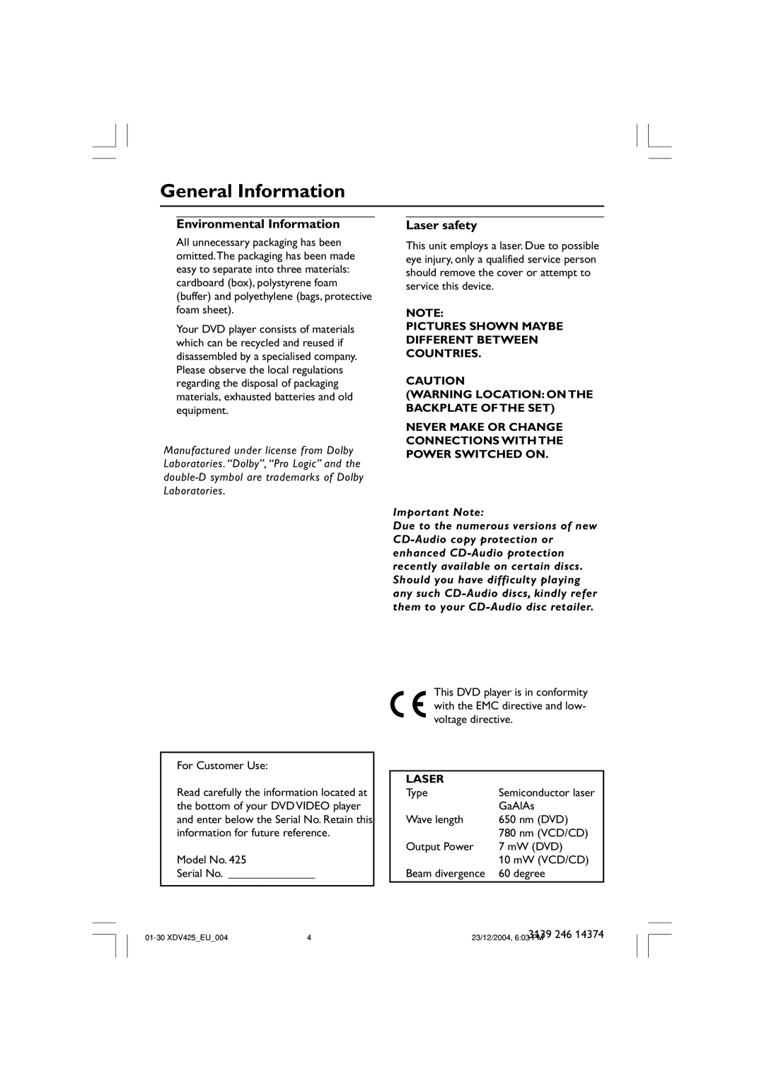 Philips 425 user manual General Information, Environmental Information, Laser safety 