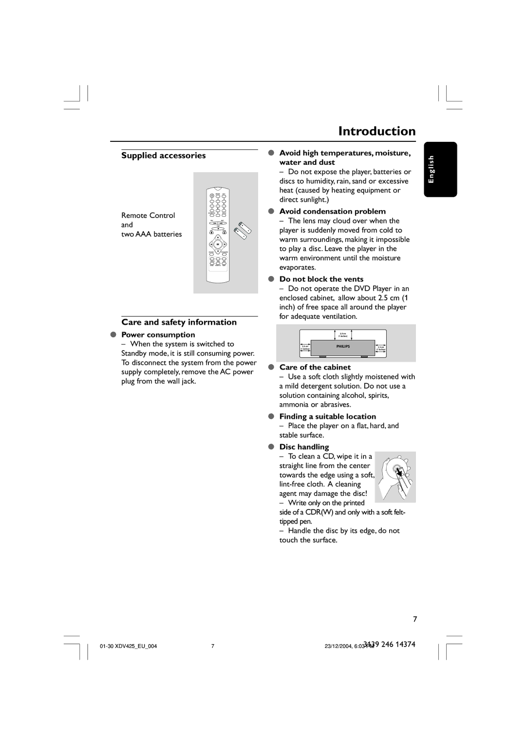 Philips 425 user manual Introduction, Supplied accessories, Care and safety information 