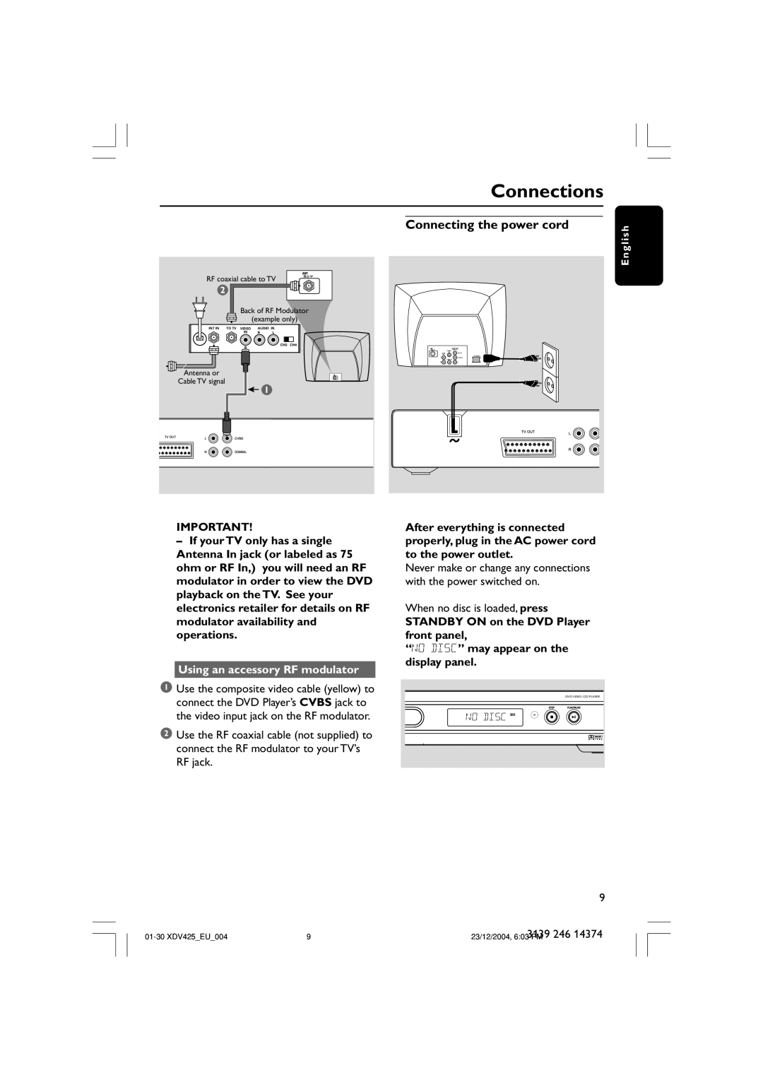 Philips 425 user manual Connecting the power cord, Using an accessory RF modulator 