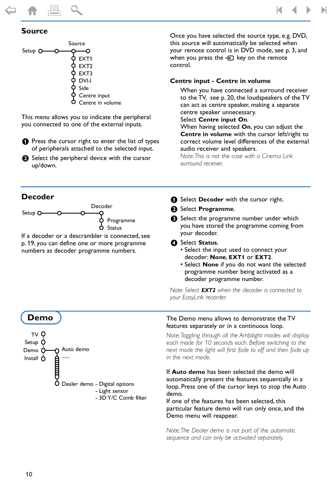 Philips 42/50PF9966 manual Demo, Source, Centre input Centre in volume, Select Decoder with the cursor right 