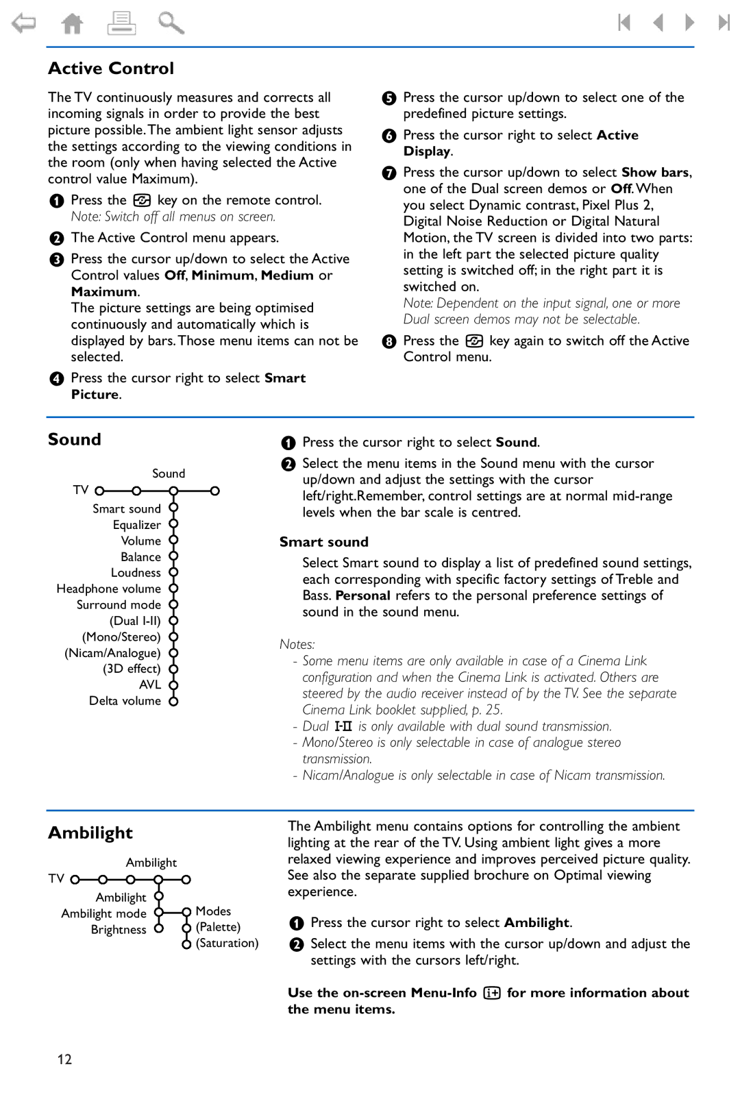 Philips 42/50PF9966 manual Active Control, Sound, Ambilight, Smart sound 