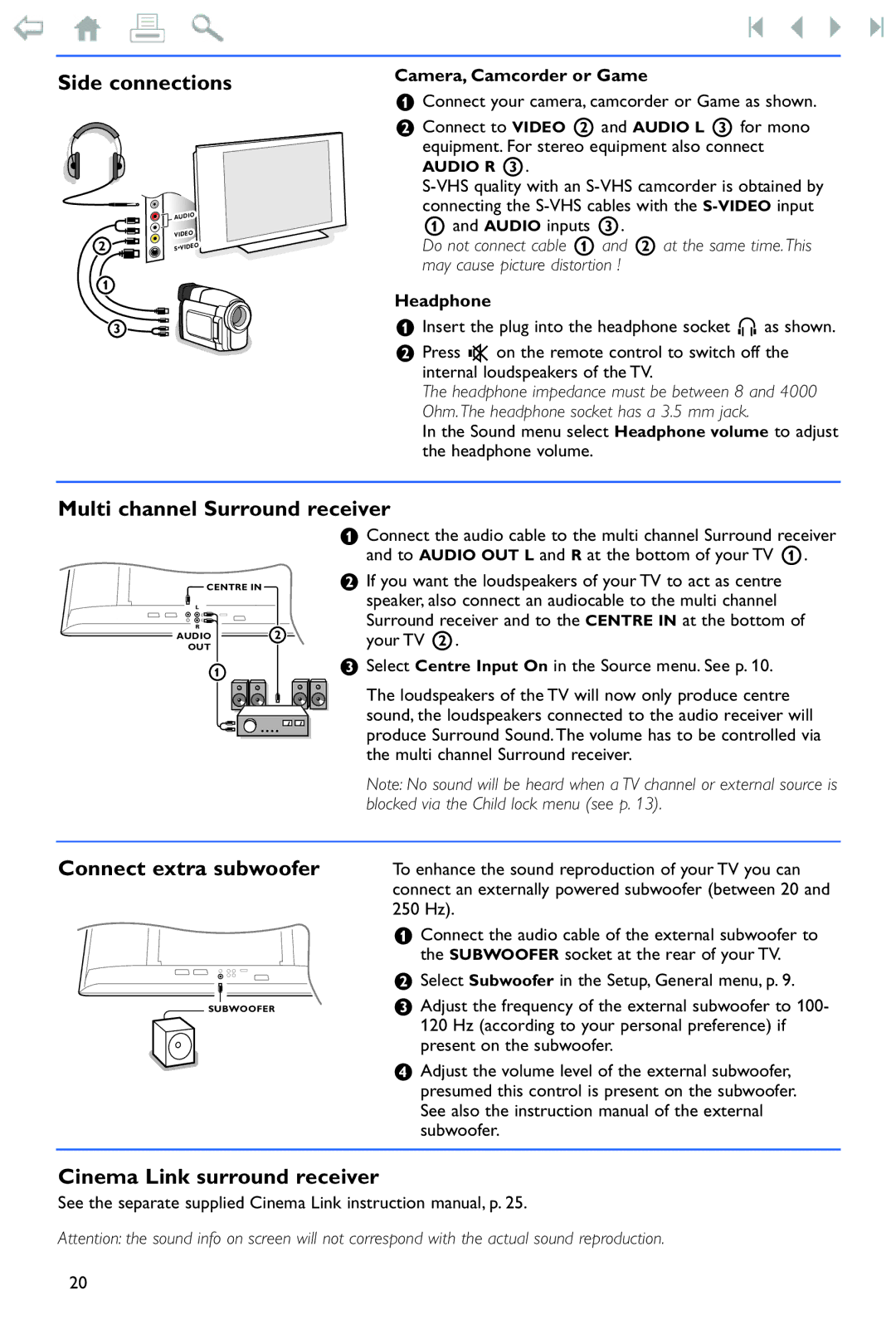 Philips 42/50PF9966 manual Side connections, Multi channel Surround receiver, Connect extra subwoofer 