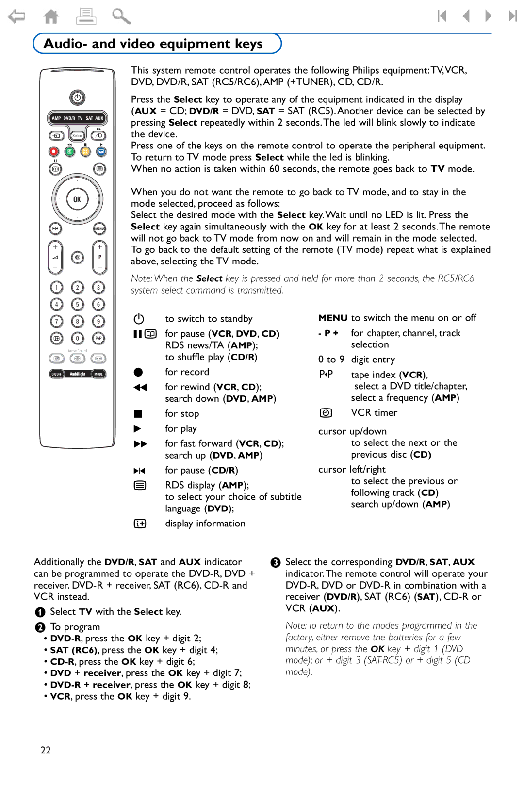 Philips 42/50PF9966 manual Audio- and video equipment keys 