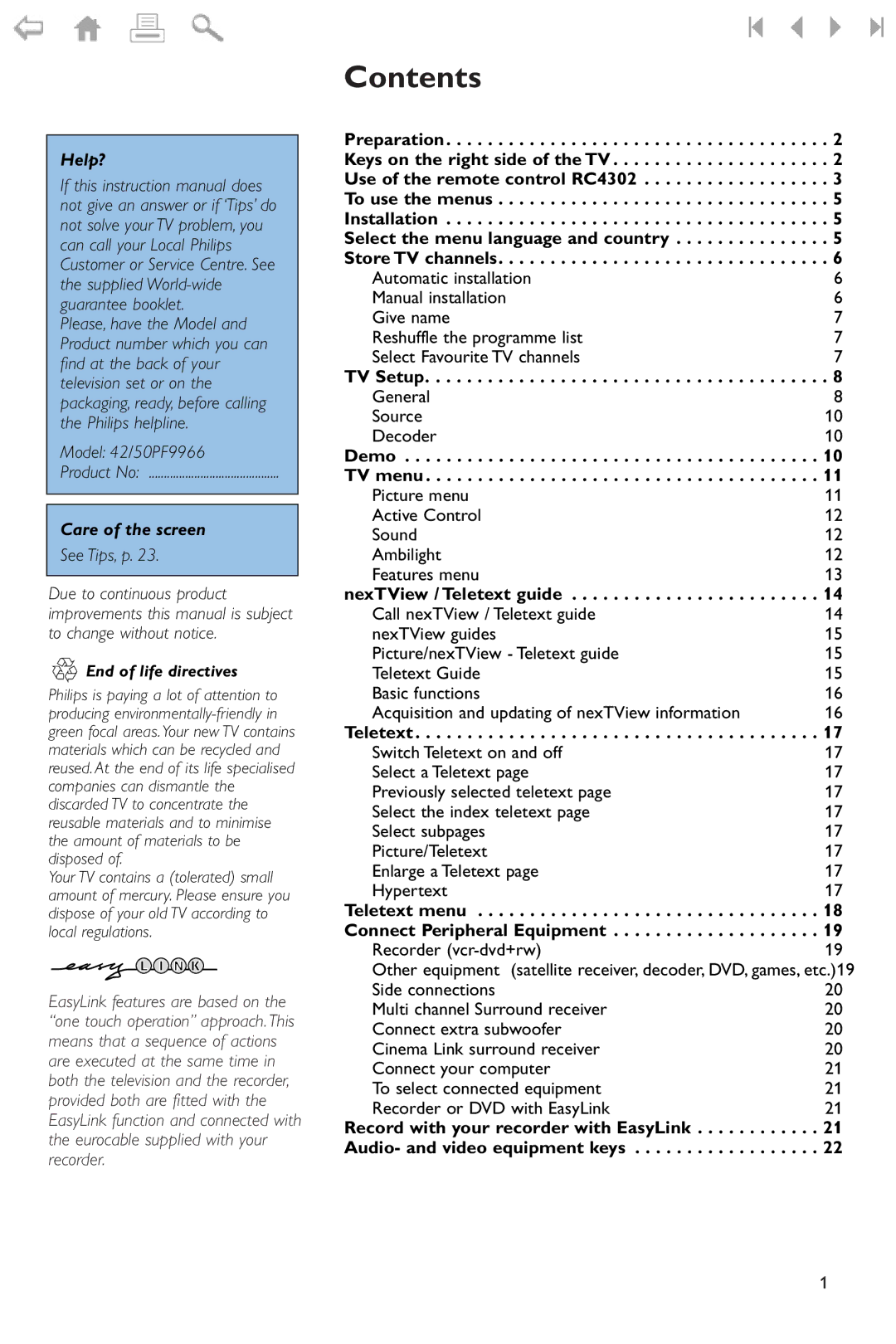 Philips 42/50PF9966 manual Contents 