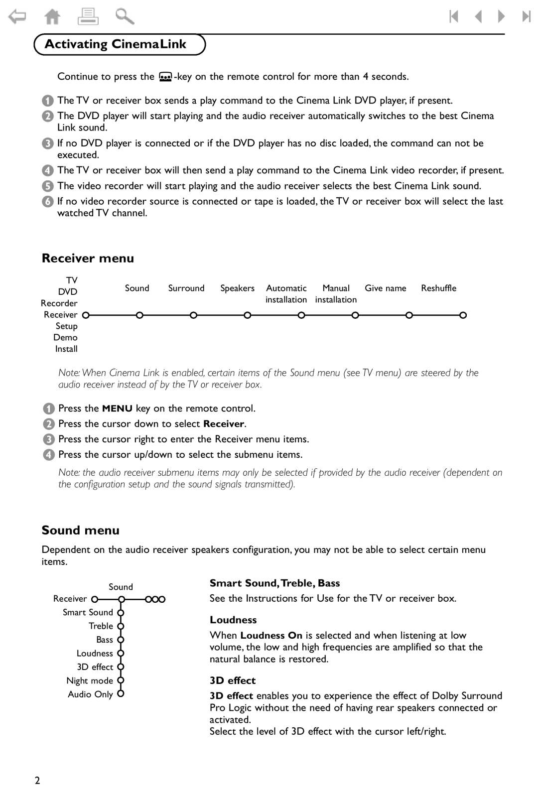 Philips 42/50PF9966 manual Activating CinemaLink, Receiver menu, Sound menu 