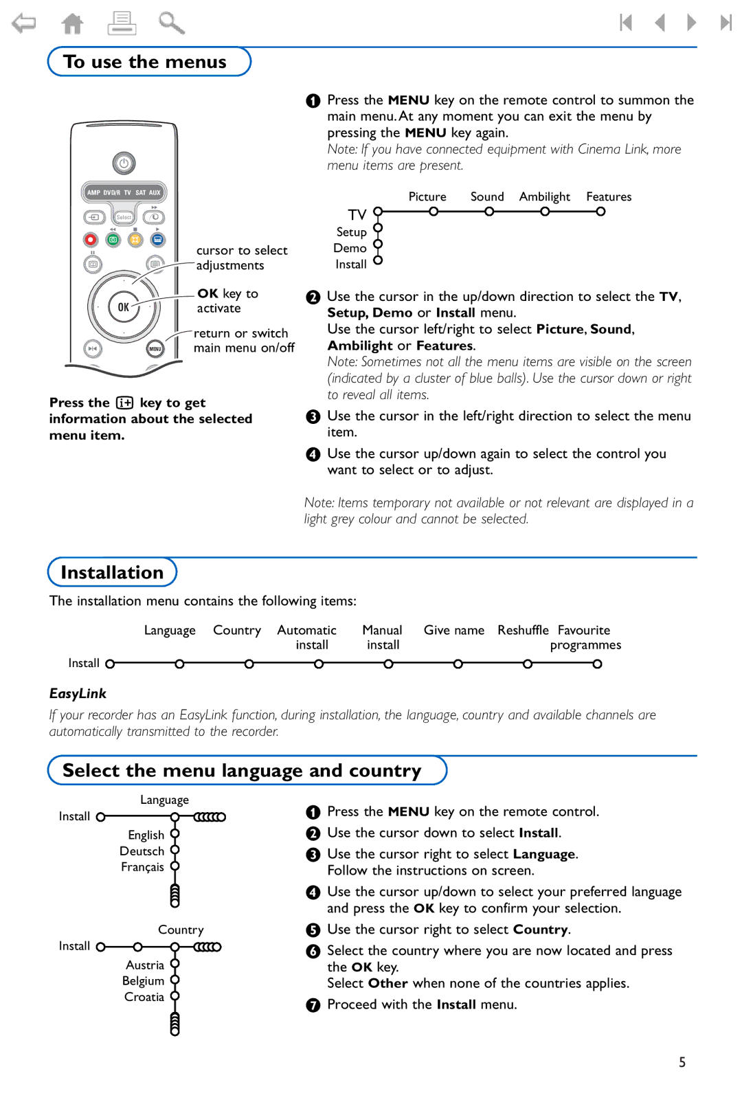 Philips 42/50PF9966 manual To use the menus, Installation, Select the menu language and country 