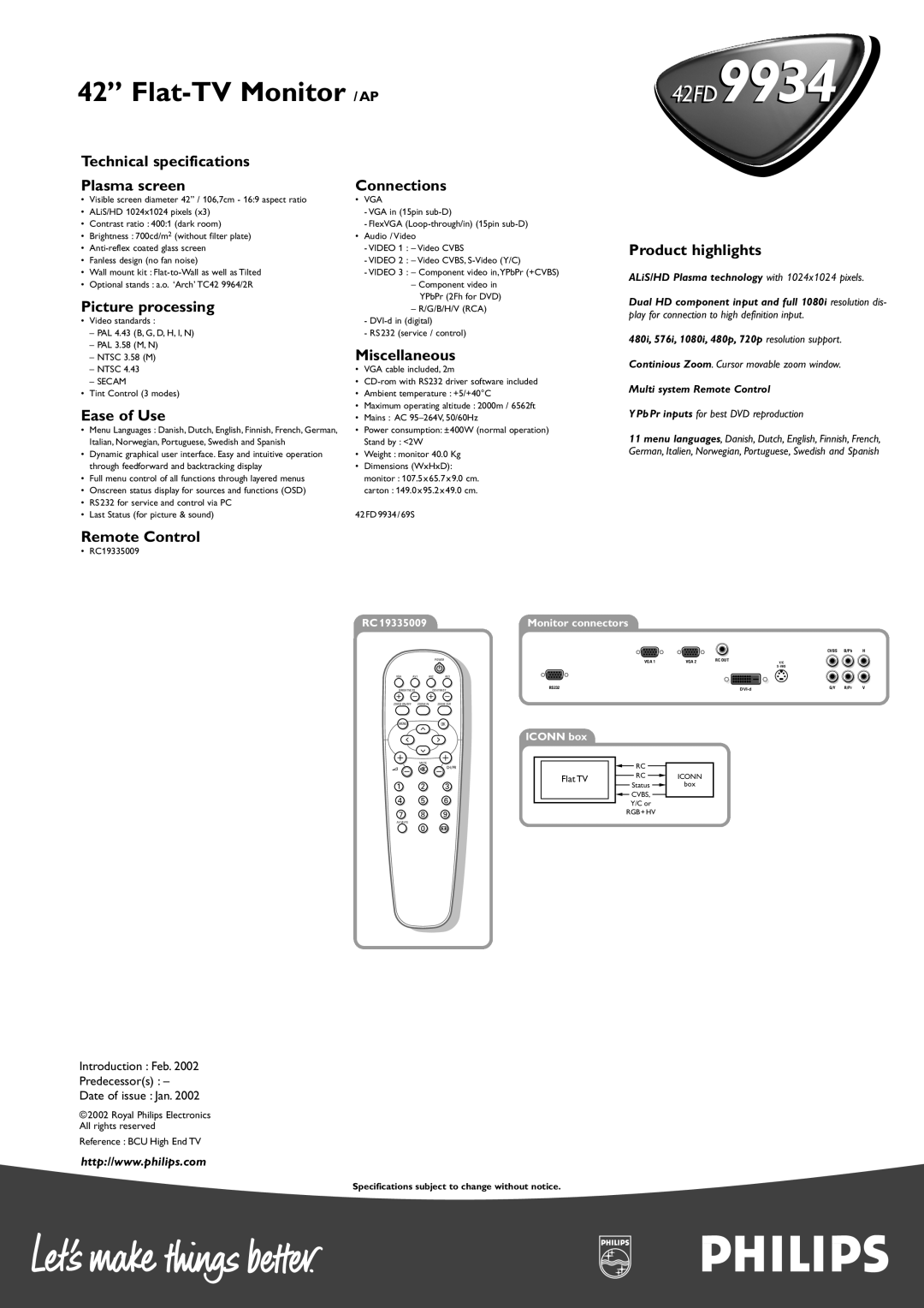 Philips 42FD 9934 manual Technical specifications Plasma screen Connections, Picture processing, Miscellaneous, Ease of Use 