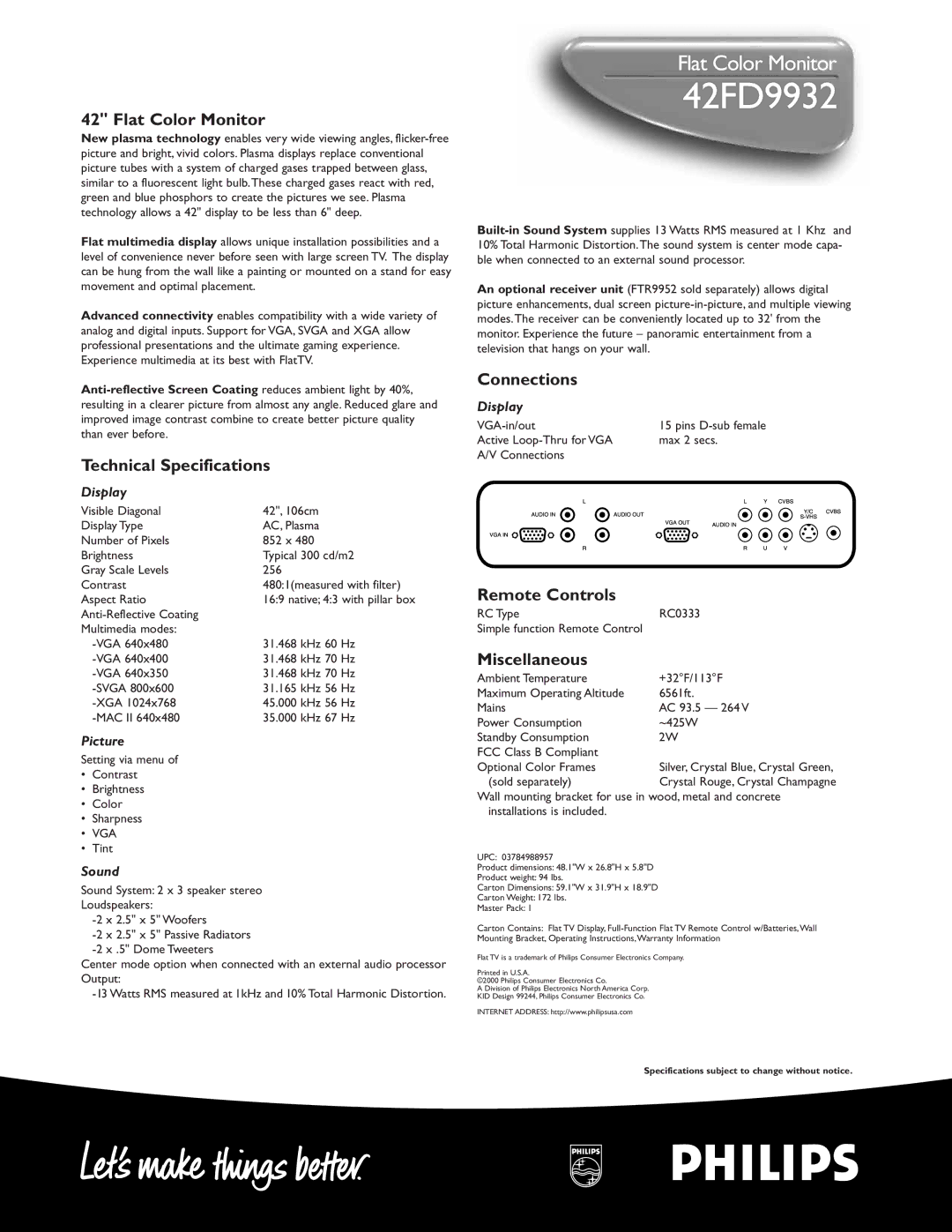 Philips 42FD9932 manual Flat Color Monitor, Technical Specifications, Connections, Remote Controls, Miscellaneous 