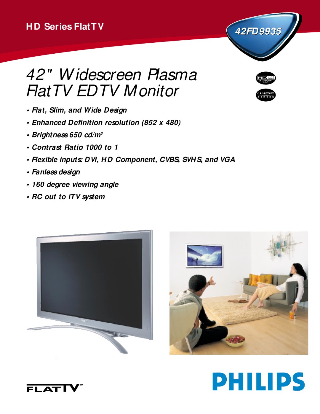 Philips 42FD9935 manual Widescreen Plasma FlatTV Edtv Monitor 