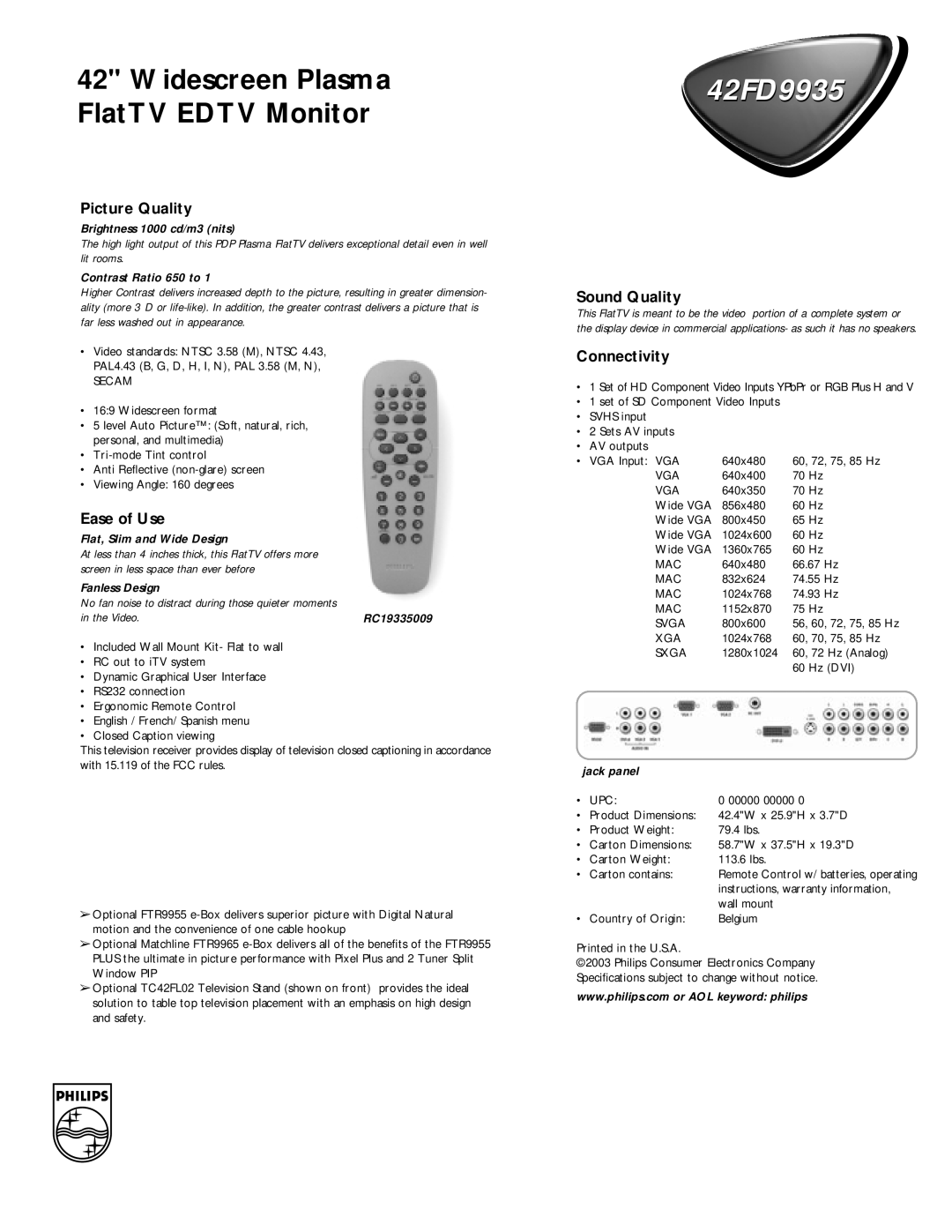 Philips 42FD9935 manual Picture Quality, Ease of Use, Sound Quality, Connectivity 