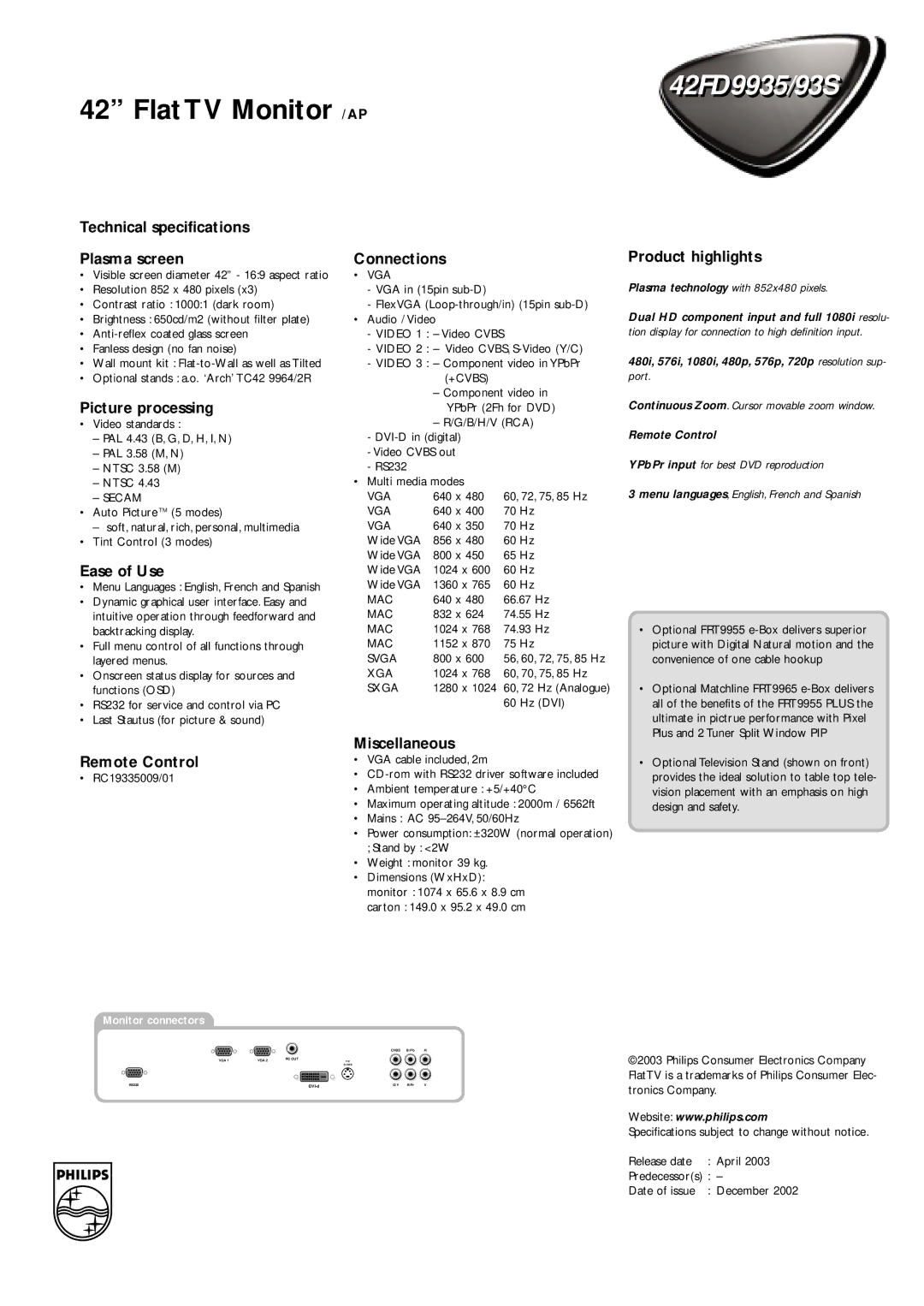 Philips 42FD9935/93S Technical specifications Plasma screen, Picture processing, Ease of Use, Connections, Remote Control 