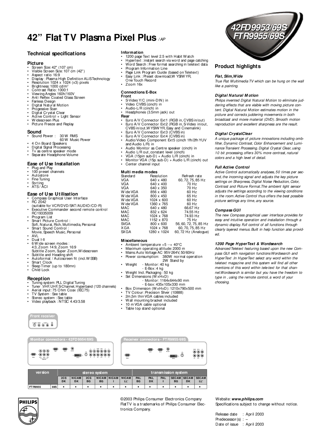 Philips 42FD9953/69S, FTR9955/69S manual Technical specifications, Product highlights 