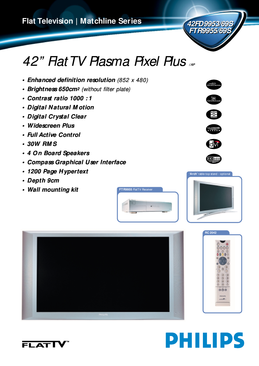 Philips FTR9955/69S manual Flat Television Matchline Series, 42FD9953/69S, Wall mounting kit, 42” FlatTV Plasma Pixel Plus 