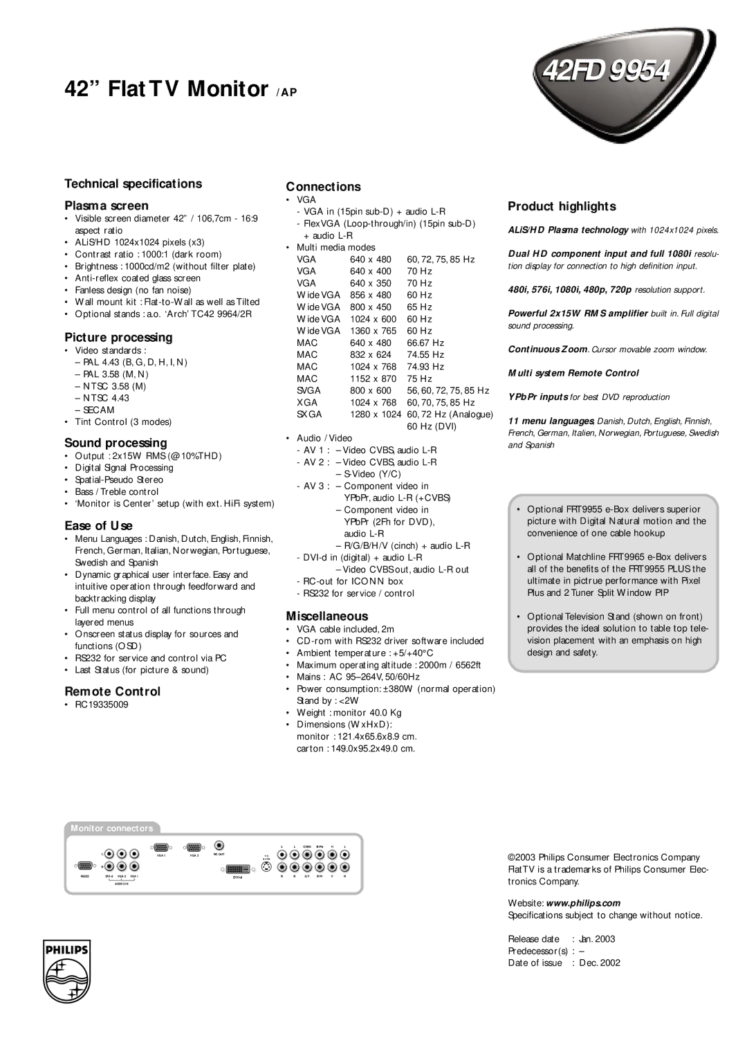 Philips 42FD9954 Technical specifications Plasma screen, Picture processing, Sound processing, Ease of Use, Remote Control 