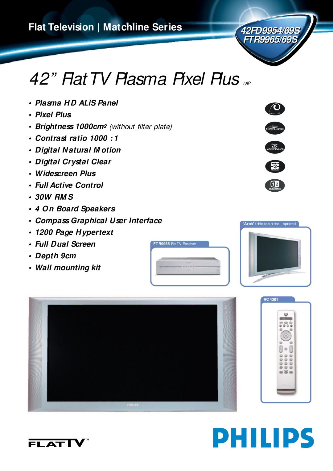 Philips 42FD9954/69S manual FlatTV Plasma Pixel Plus 