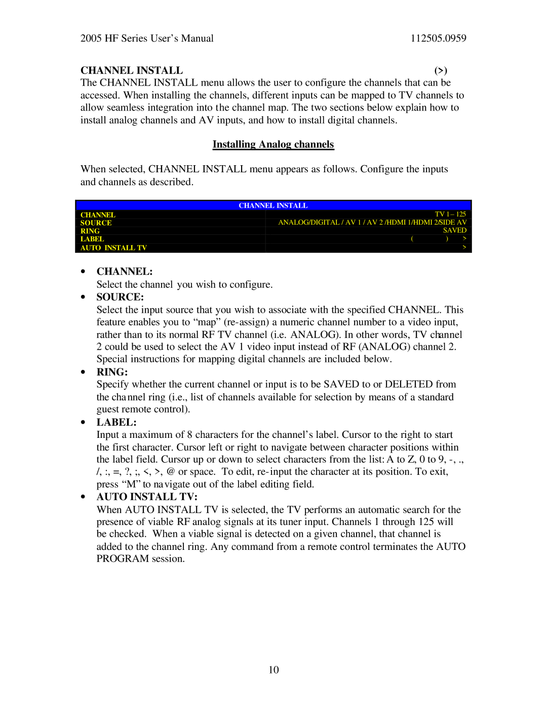 Philips 37HF7543, 42HF7543, 32HF7543 user manual Channel Install, ∙ Channel, ∙ Source, ∙ Ring, ∙ Label, ∙ Auto Install TV 