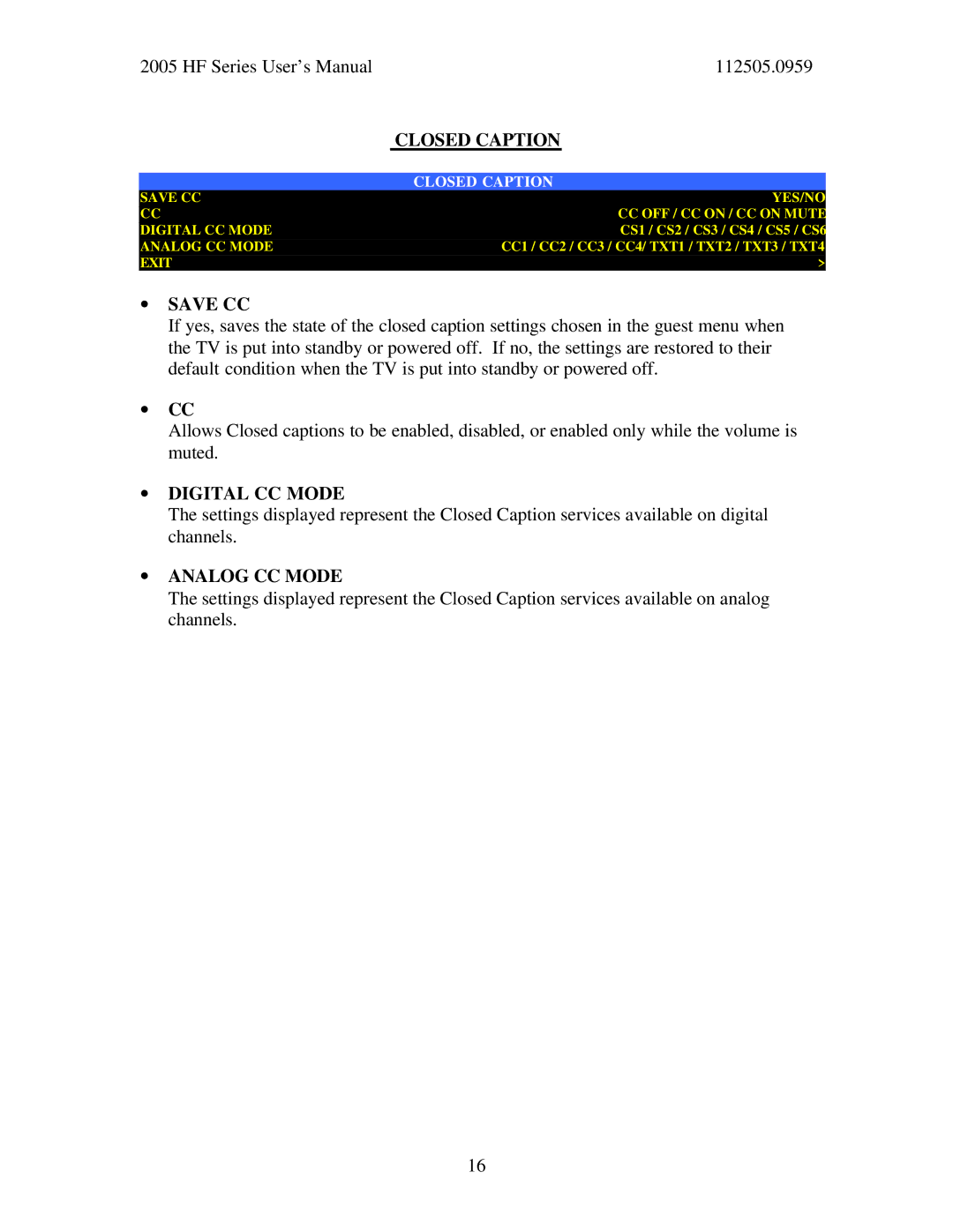 Philips 37HF7543, 42HF7543, 32HF7543 user manual Closed Caption, ∙ Save CC, ∙ Cc, ∙ Digital CC Mode, ∙ Analog CC Mode 