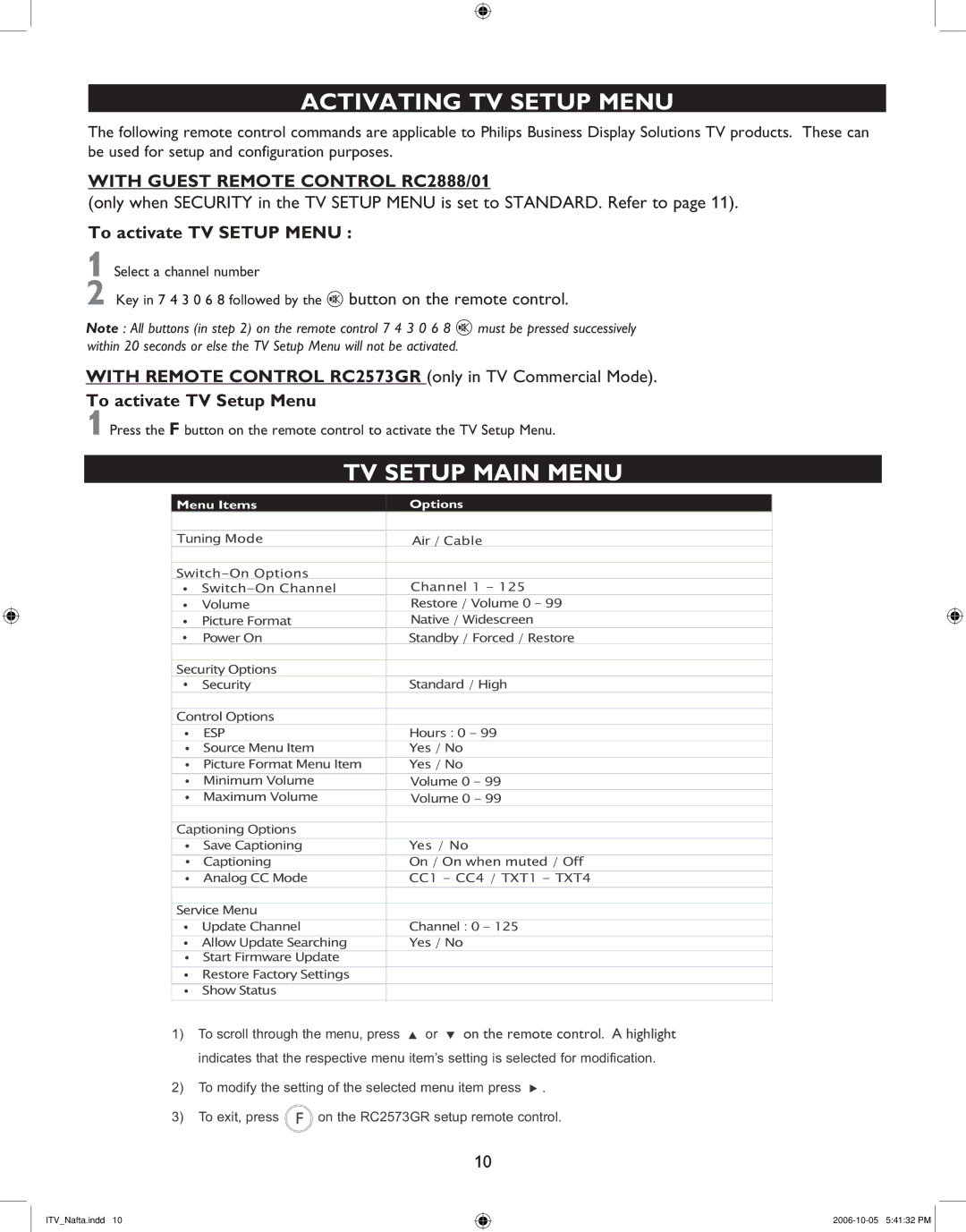 Philips 32HF7544D, 42HF7544R, 37HF7544D, 26HF5544D Activating TV Setup Menu, TV Setup Main Menu, To activate TV Setup Menu 