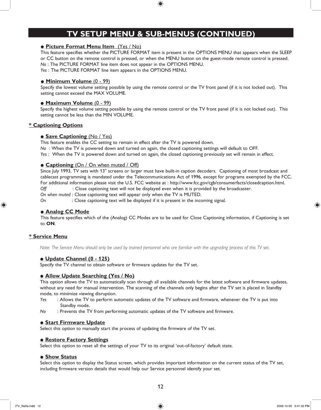 Philips 42HF7544R, 37HF7544D, 32HF7544D, 26HF5544D user manual Service Menu · Update Channel 0 