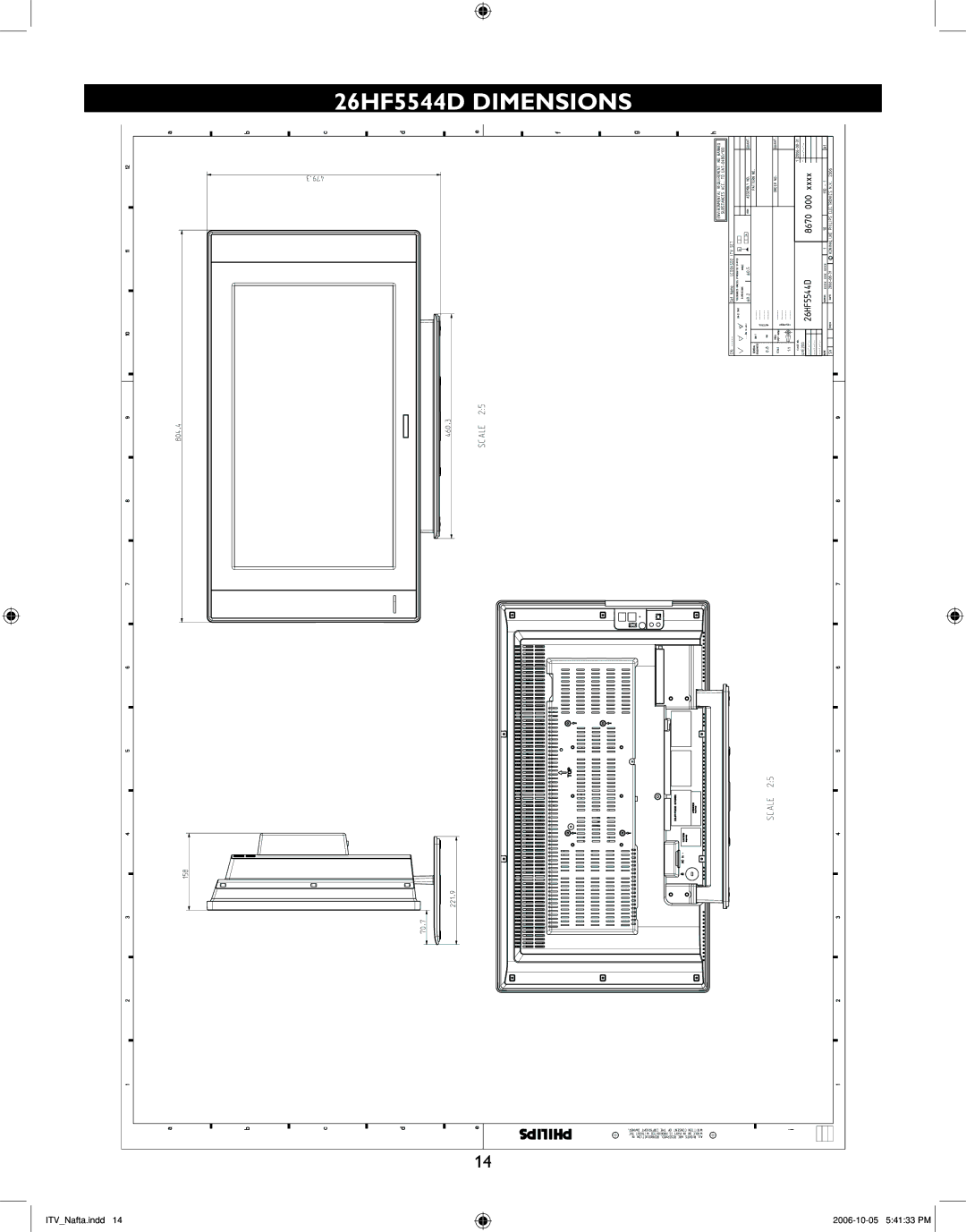 Philips 32HF7544D, 42HF7544R, 37HF7544D user manual 26HF5544D Dimensions 