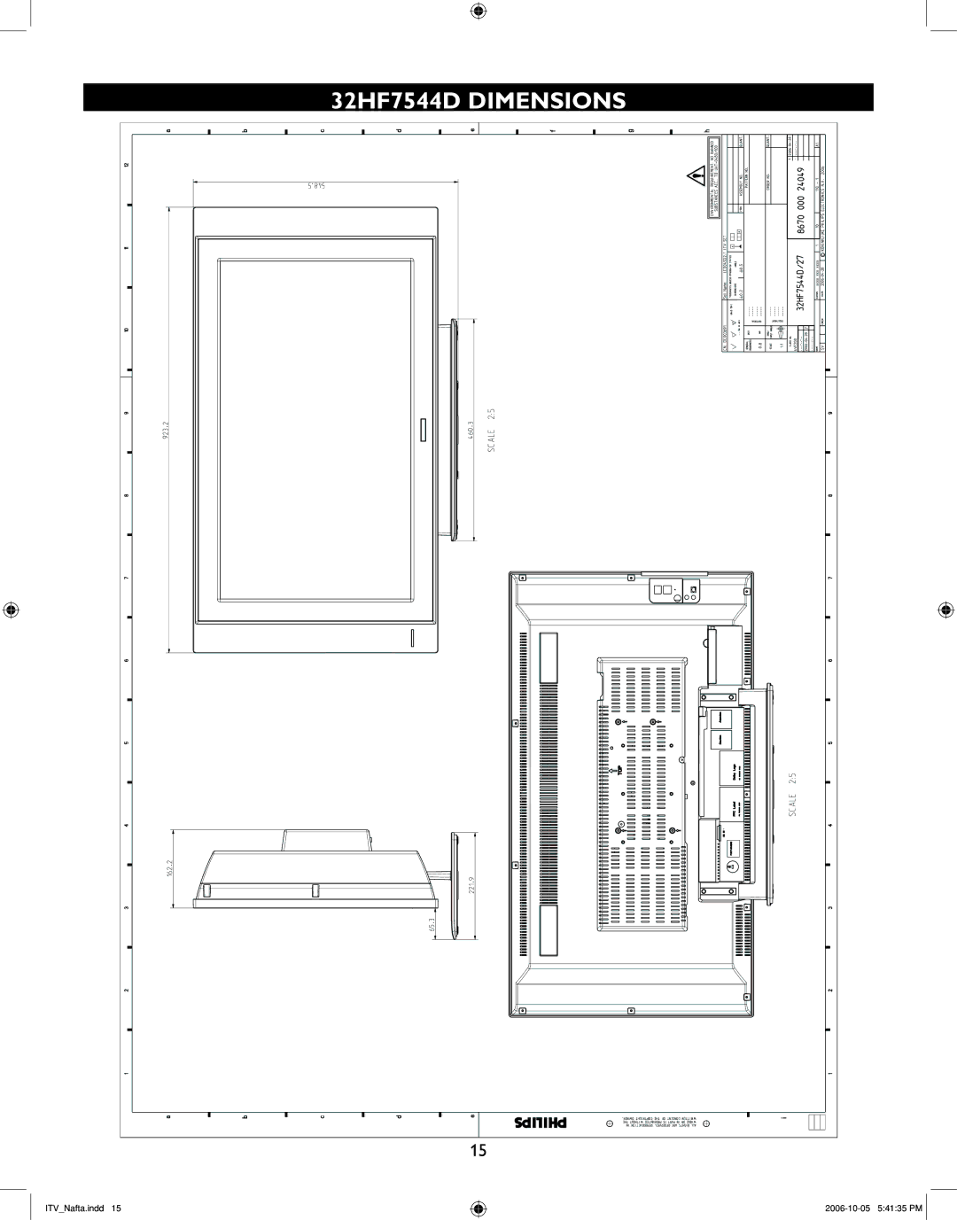 Philips 26HF5544D, 42HF7544R, 37HF7544D user manual 32HF7544D Dimensions 