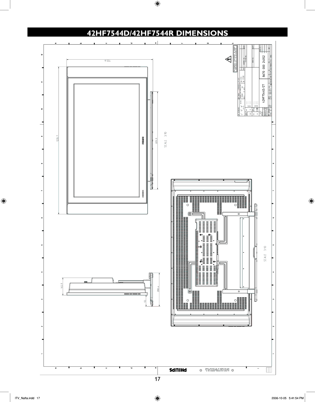 Philips 37HF7544D, 32HF7544D, 26HF5544D user manual 42HF7544D/42HF7544R Dimensions 