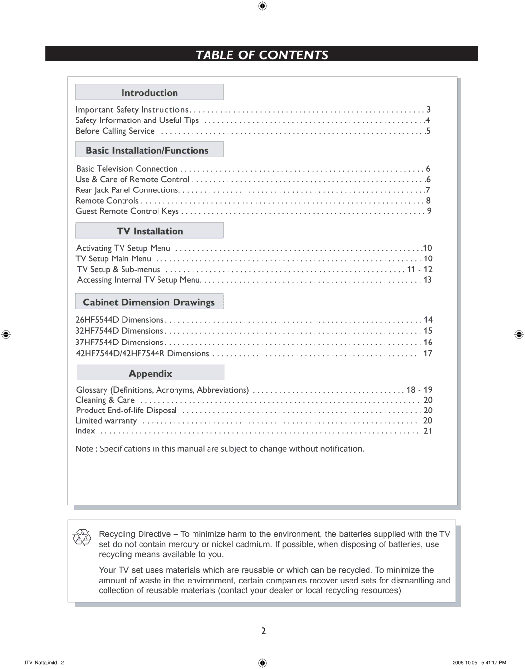 Philips 32HF7544D, 42HF7544R, 37HF7544D, 26HF5544D user manual Table of Contents 