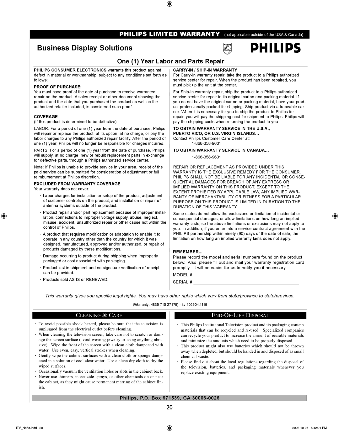 Philips 42HF7544R, 37HF7544D, 32HF7544D, 26HF5544D user manual Business Display SolutionsP, One 1 Year Labor and Parts Repair 