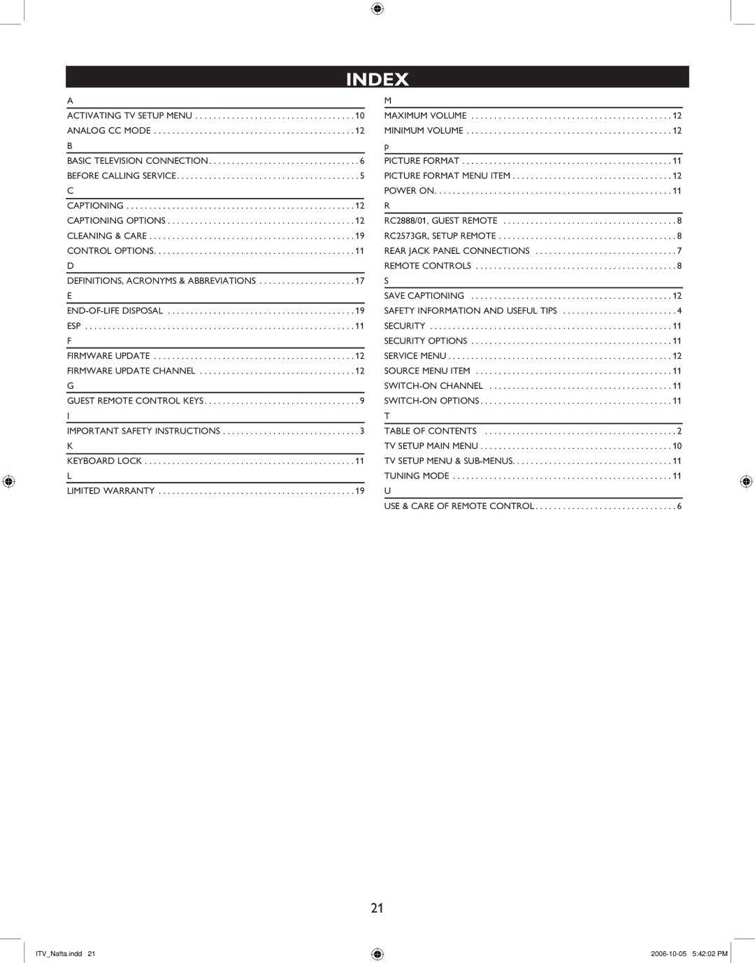 Philips 37HF7544D, 42HF7544R, 32HF7544D, 26HF5544D user manual Index, Important Safety Instructions 