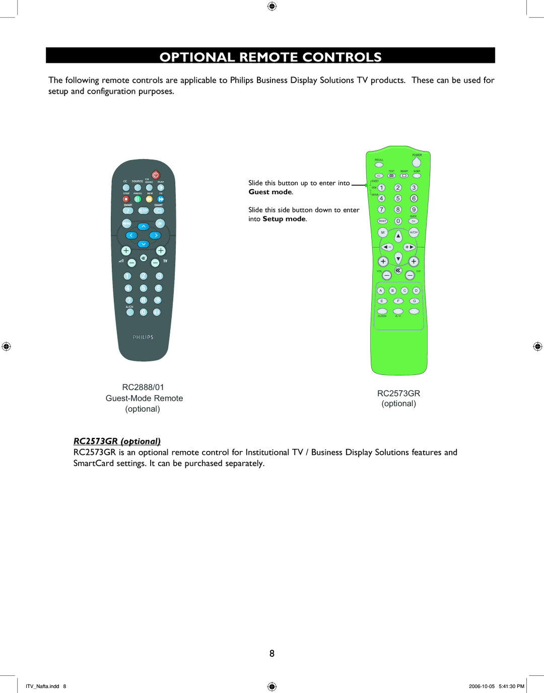 Philips 42HF7544R, 37HF7544D, 32HF7544D, 26HF5544D user manual Optional Remote Controls, RC2888/01 Guest-Mode Remote optional 