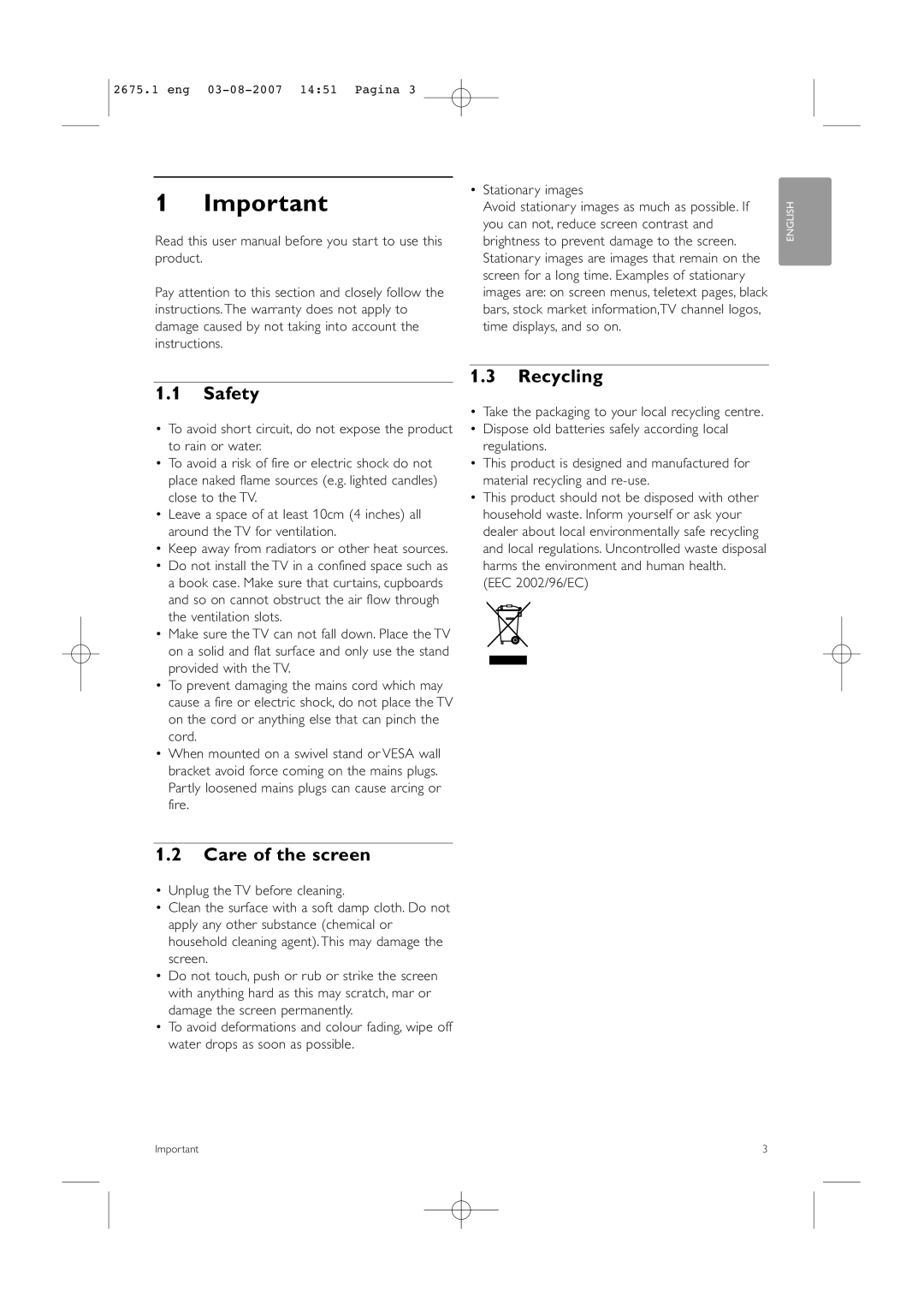 Philips 42HF9320A manual Safety, Recycling, Care of the screen, EEC 2002/96/EC 