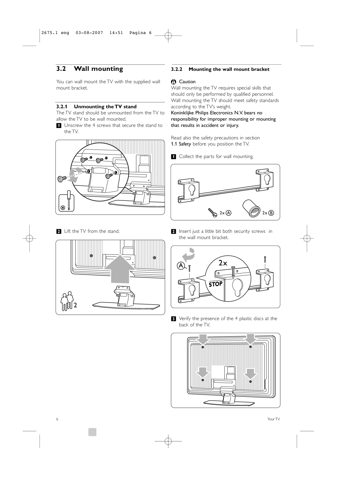 Philips 42HF9320A manual Wall mounting, Mounting the wall mount bracket, Unmounting the TV stand 