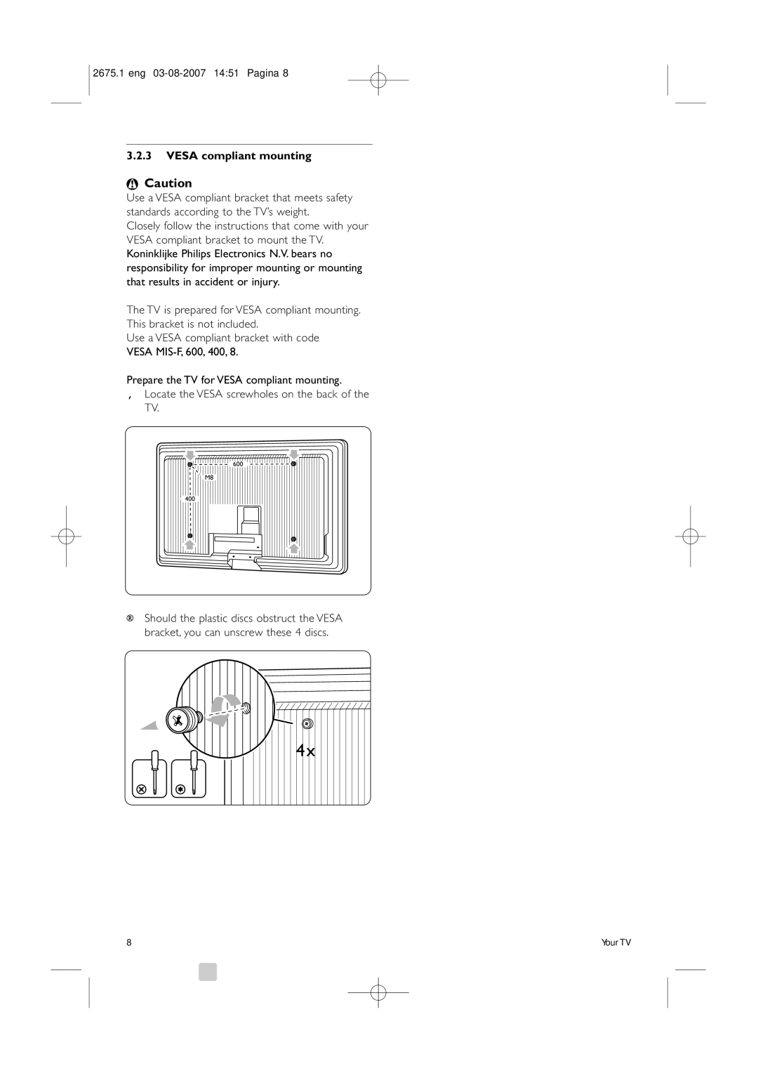 Philips 42HF9320A manual Vesa compliant mounting 