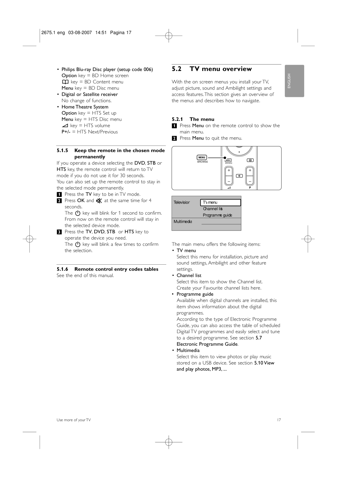 Philips 42HF9320A manual TV menu overview, Keep the remote in the chosen mode permanently, Menu 