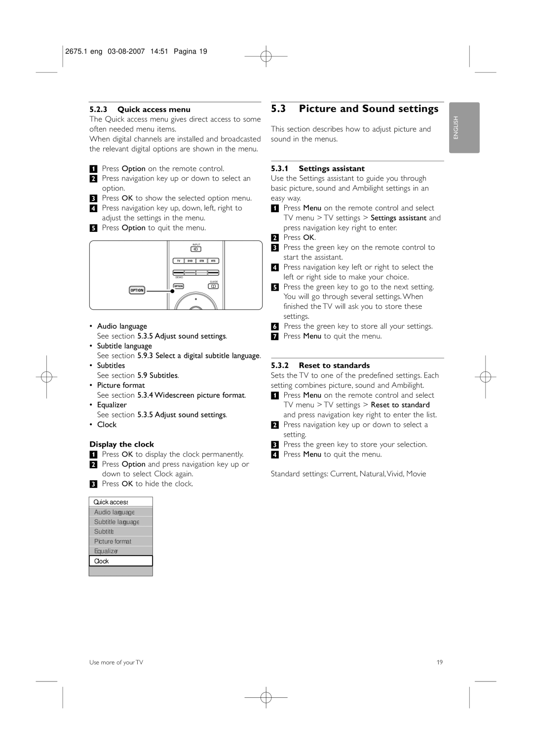 Philips 42HF9320A Picture and Sound settings, Quick access menu, Display the clock, Settings assistant, Reset to standards 