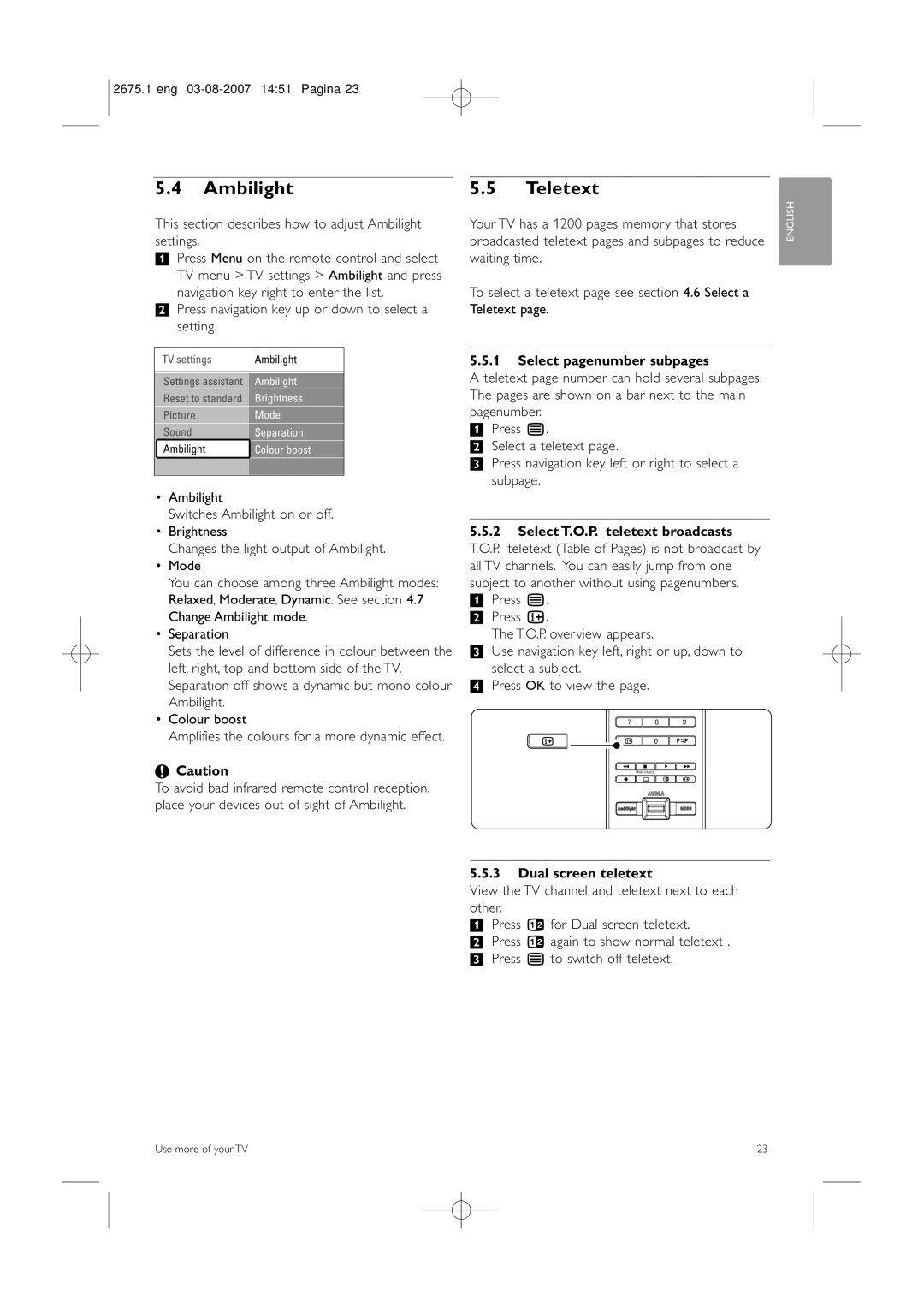 Philips 42HF9320A manual Teletext, This section describes how to adjust Ambilight settings, Select pagenumber subpages 