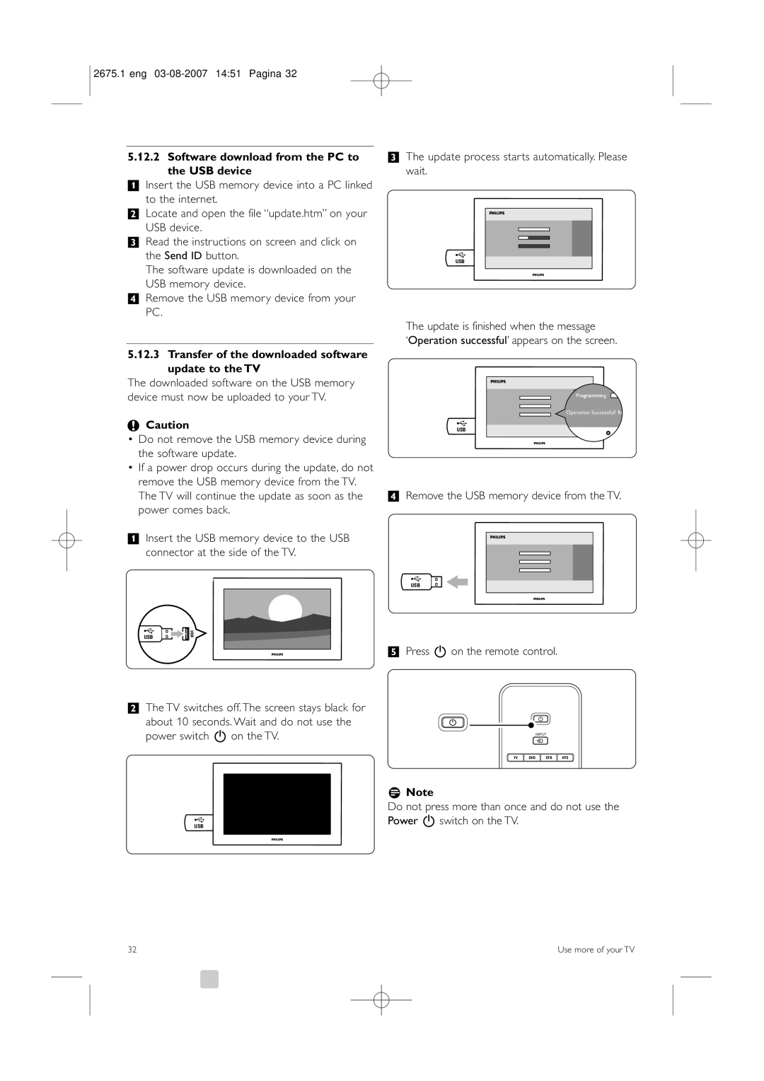 Philips 42HF9320A Software download from the PC to the USB device, Transfer of the downloaded software update to the TV 