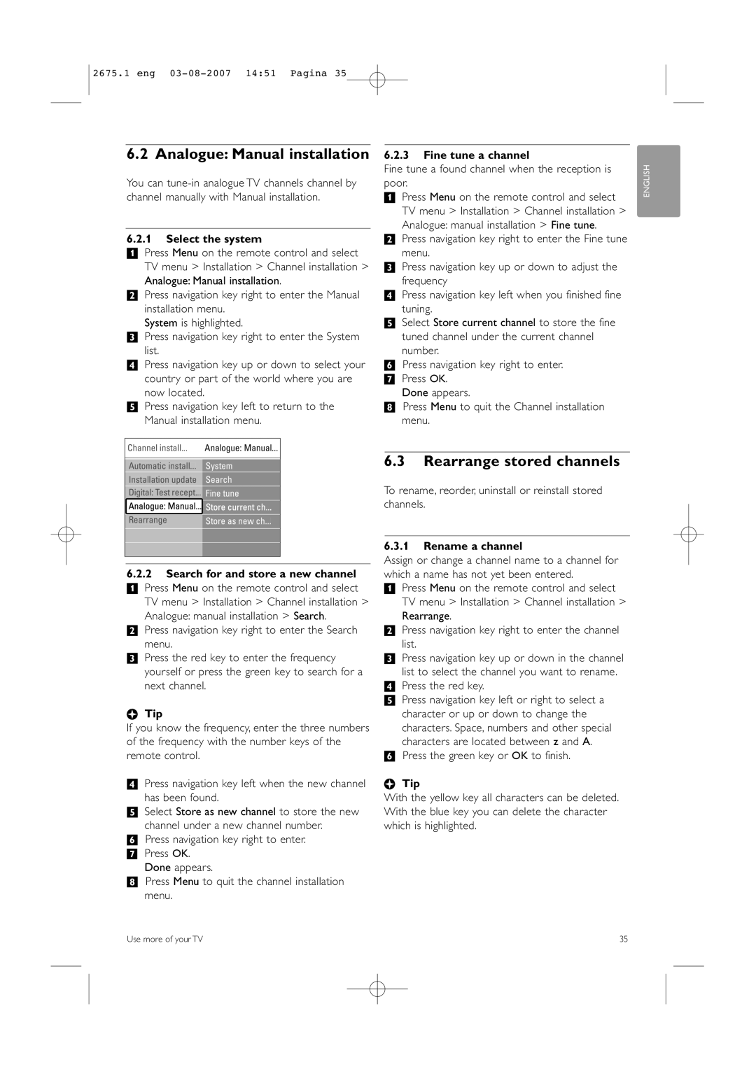 Philips 42HF9320A manual Analogue Manual installation, Rearrange stored channels 