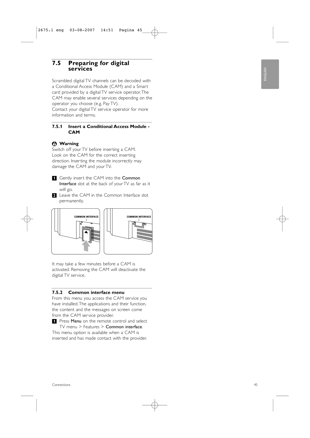 Philips 42HF9320A manual Preparing for digital services, Insert a Conditional Access Module, Common interface menu 