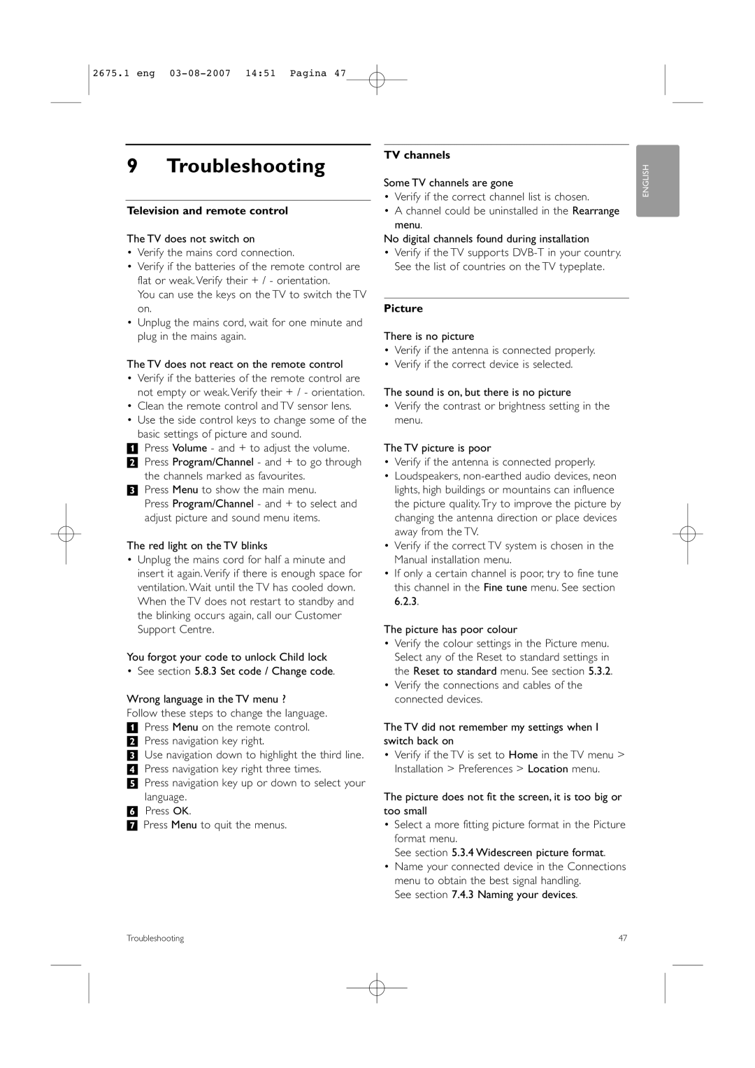 Philips 42HF9320A manual Troubleshooting, Television and remote control, TV channels, Picture 