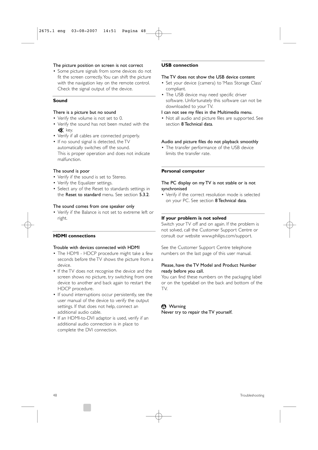 Philips 42HF9320A manual Sound, Hdmi connections, USB connection, If your problem is not solved 