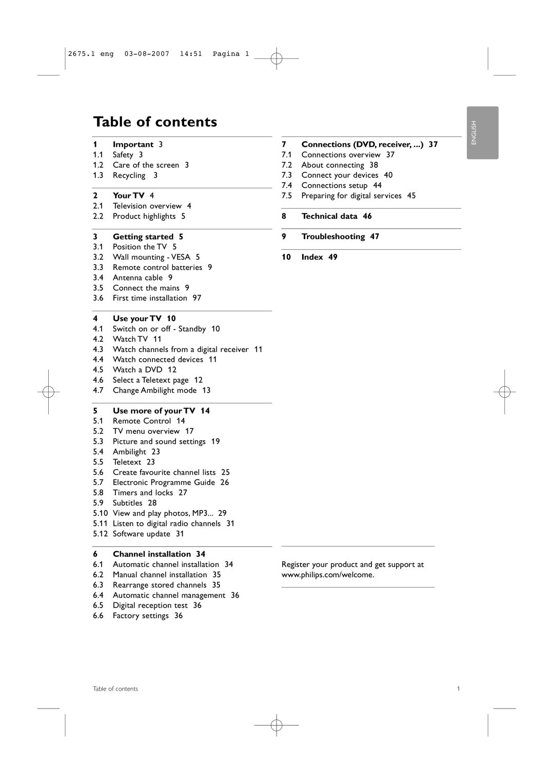 Philips 42HF9320A manual Table of contents 