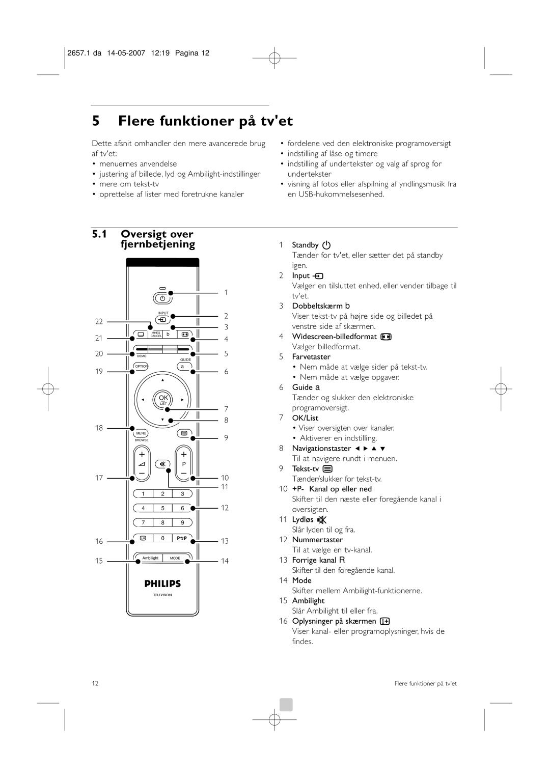 Philips 42HF9385D, 32HF9385D manual Flere funktioner på tvet, Oversigt over Fjernbetjening 